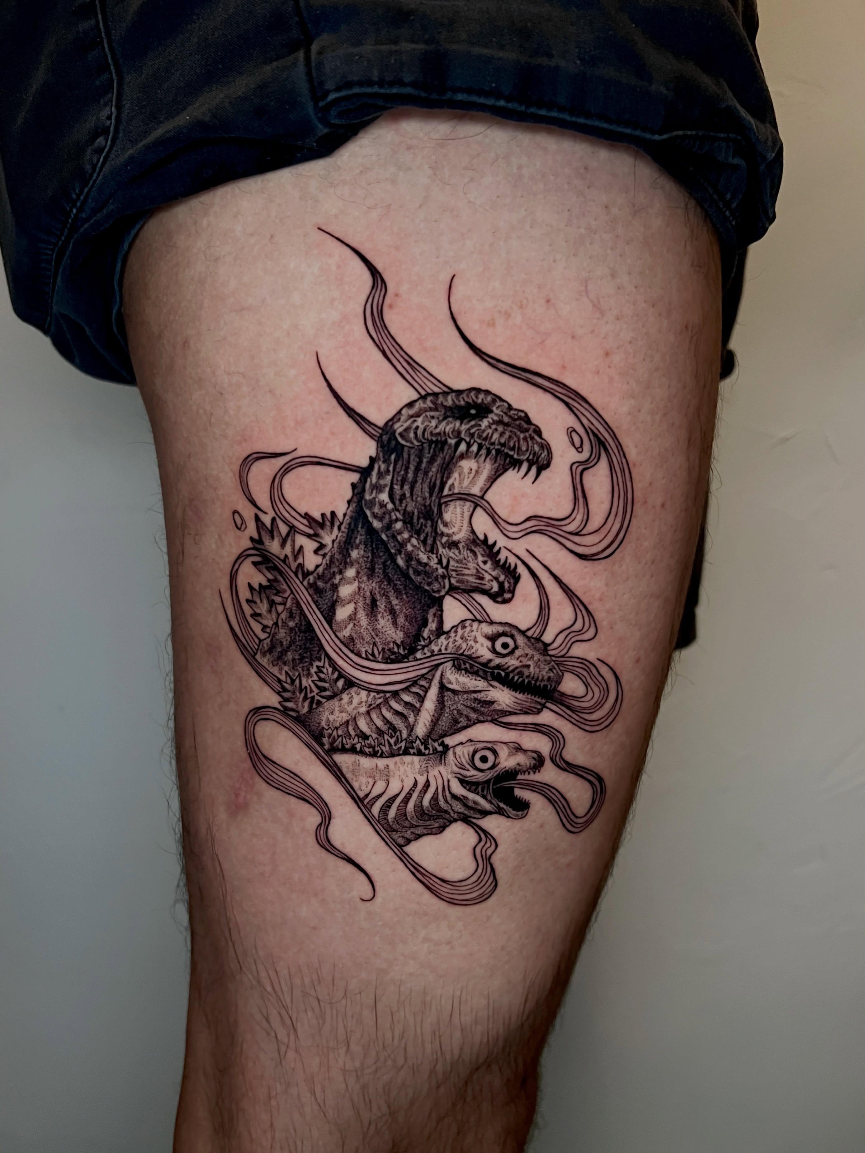Serpent black and grey tattoo on the thigh by AJ π°π· LA tattoo