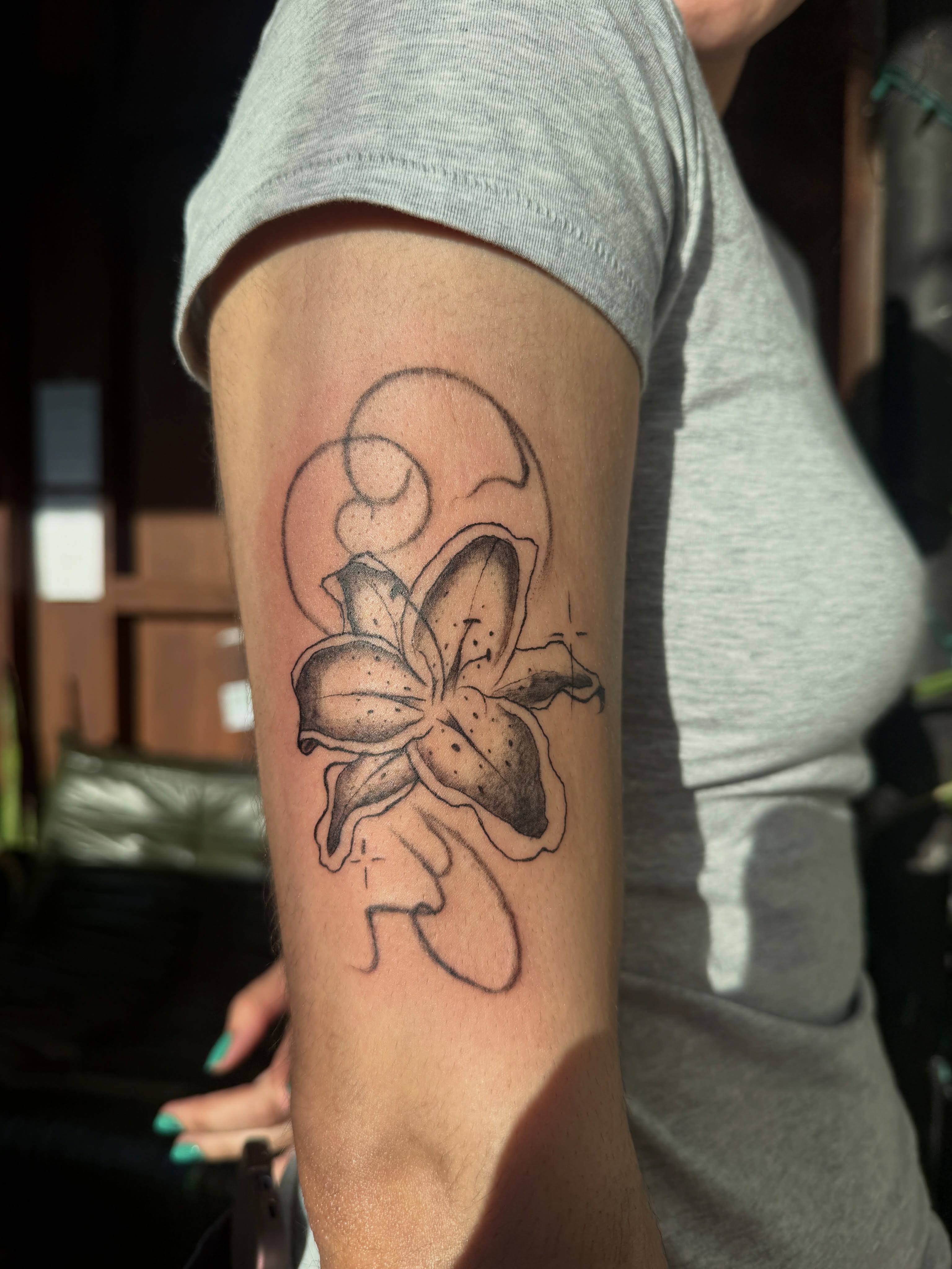 Lily black and grey tattoo on the forearm by nova ♡ˎˊ˗ tattoo apprentice