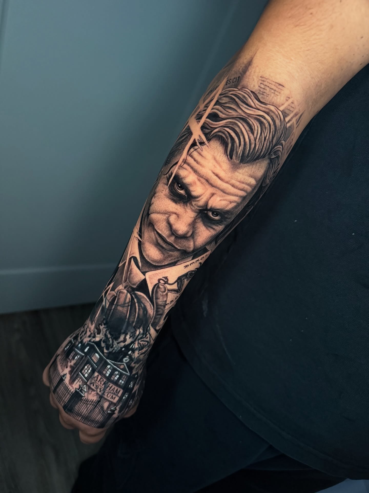 Joker realism tattoo on the forearm by Las Vegas Tattoo Artist