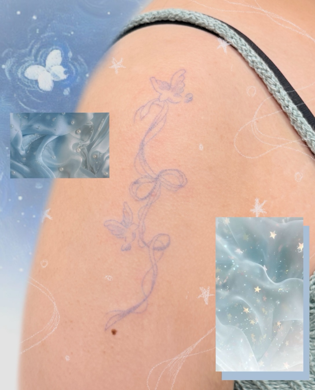 Ribbons and butterflies fine line tattoo on the shoulder by ❆소땀타투_클로버타투