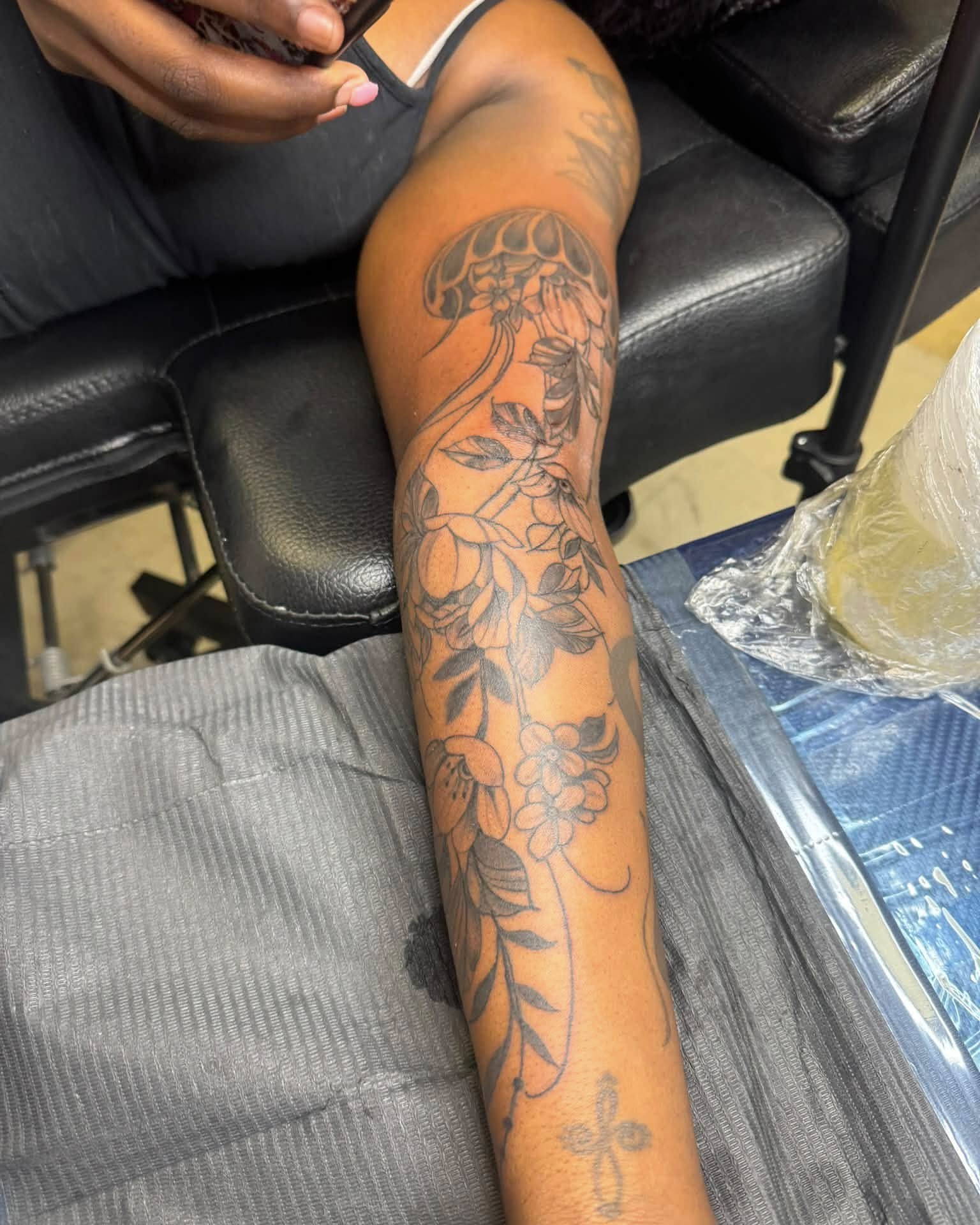 Floral design black and grey tattoo on the leg by LaSwanda SheInks Hickey, Warner Robins, Georgia