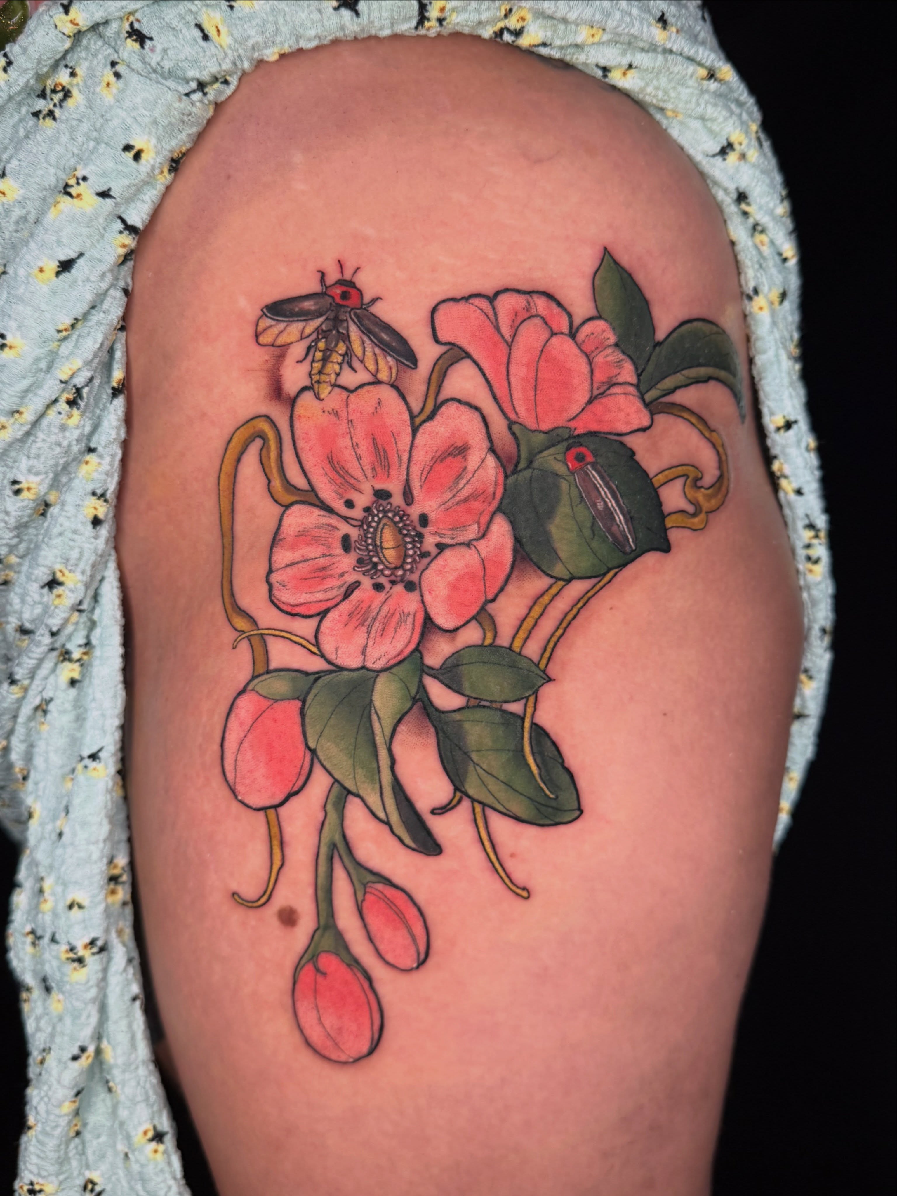 Flowers and insects American traditional tattoo on the thigh by β«οΈπ―πππππ - Ohio Tattoo Artist β«οΈ