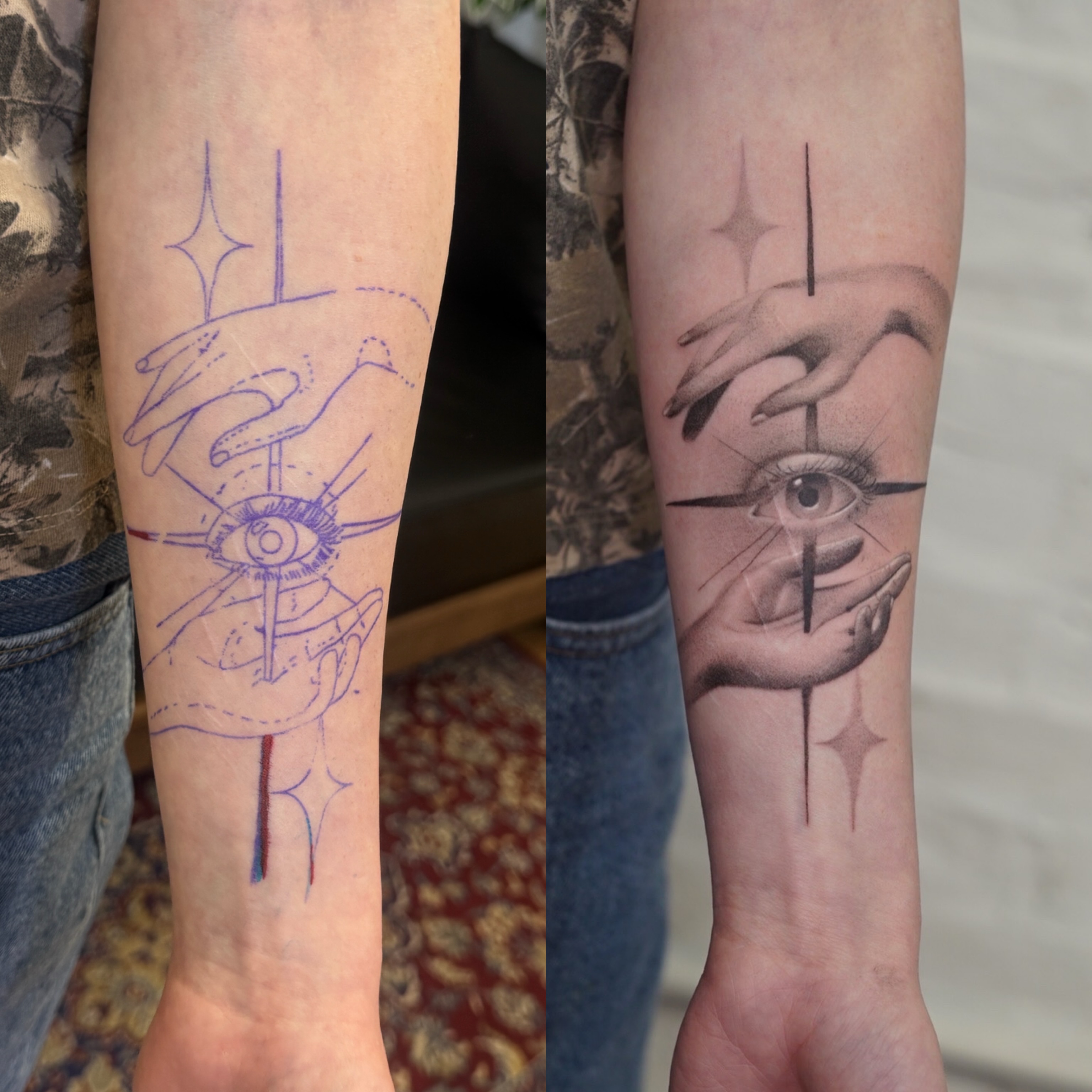 Eye and hands dotwork tattoo on the forearm by Josh Infante