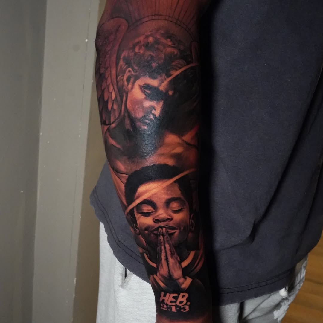 Angel and praying child realism tattoo on the forearm by Erick Satchell II