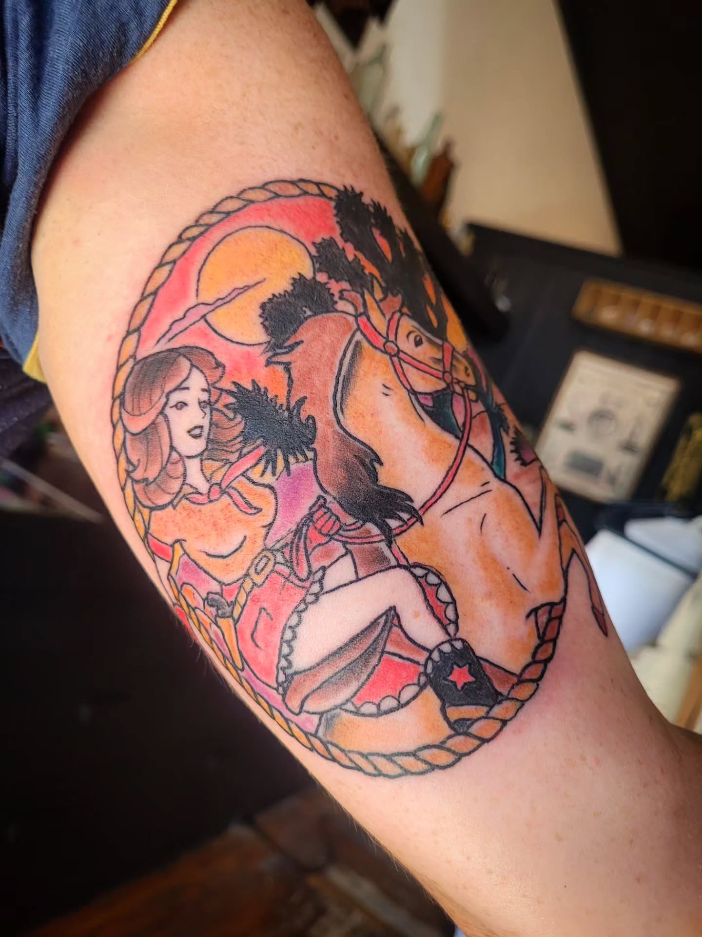Cowgirl and horse American traditional tattoo on the forearm by Ashley Thomas, Midvale, Utah