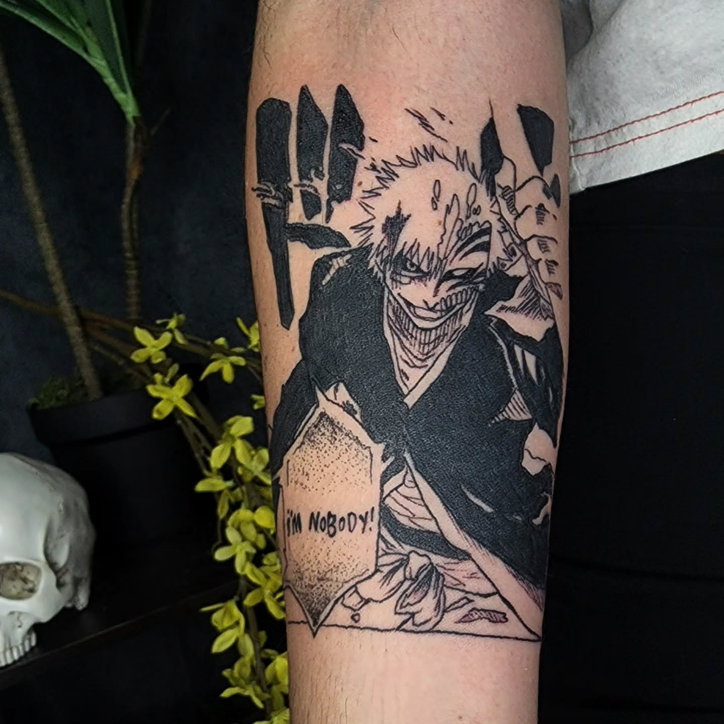 Anime character dotwork tattoo on the forearm by julian