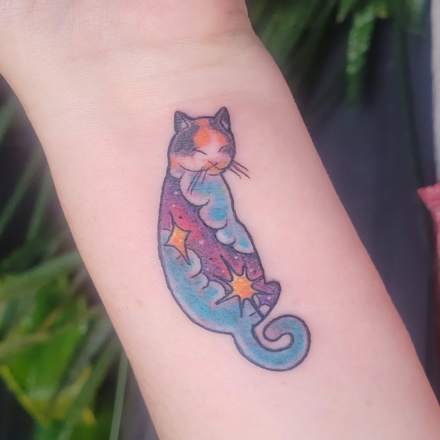 Cat illustrative tattoo on the forearm by Ashley Thomas, Midvale, Utah