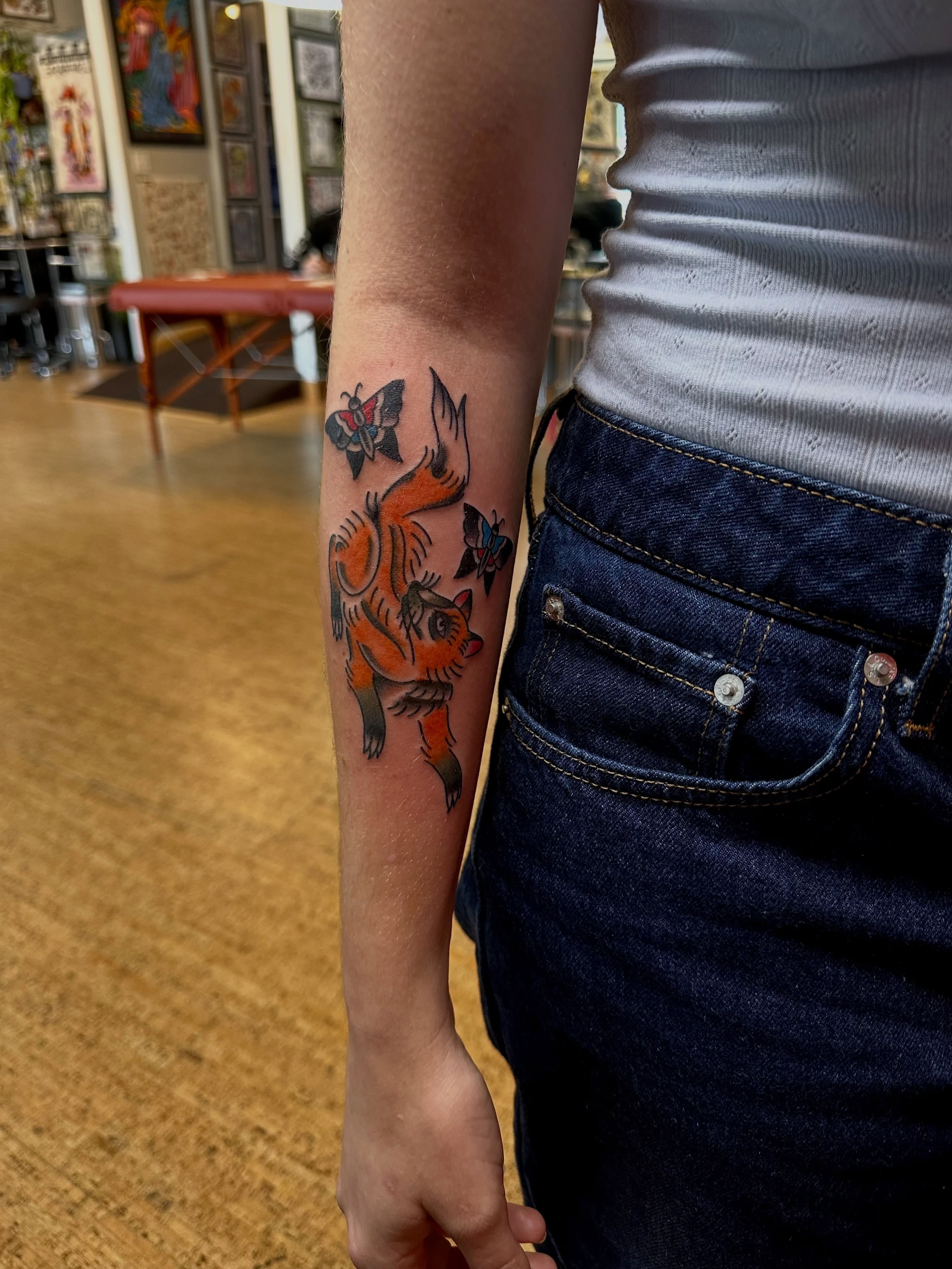 Bird American traditional tattoo on the forearm by teddy, Portland, Oregon