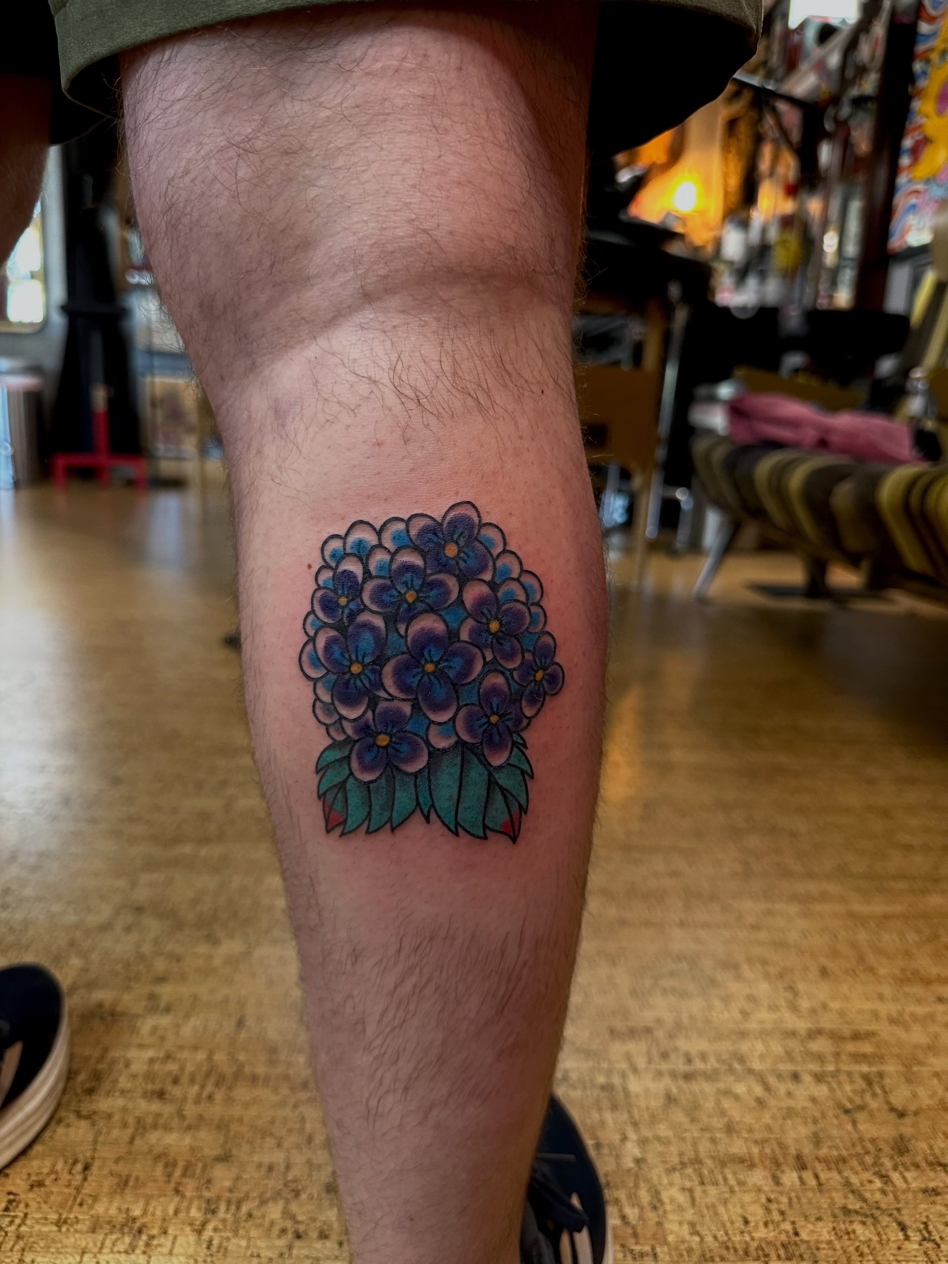 Hydrangea geometric tattoo on the thigh by teddy, Portland, Oregon