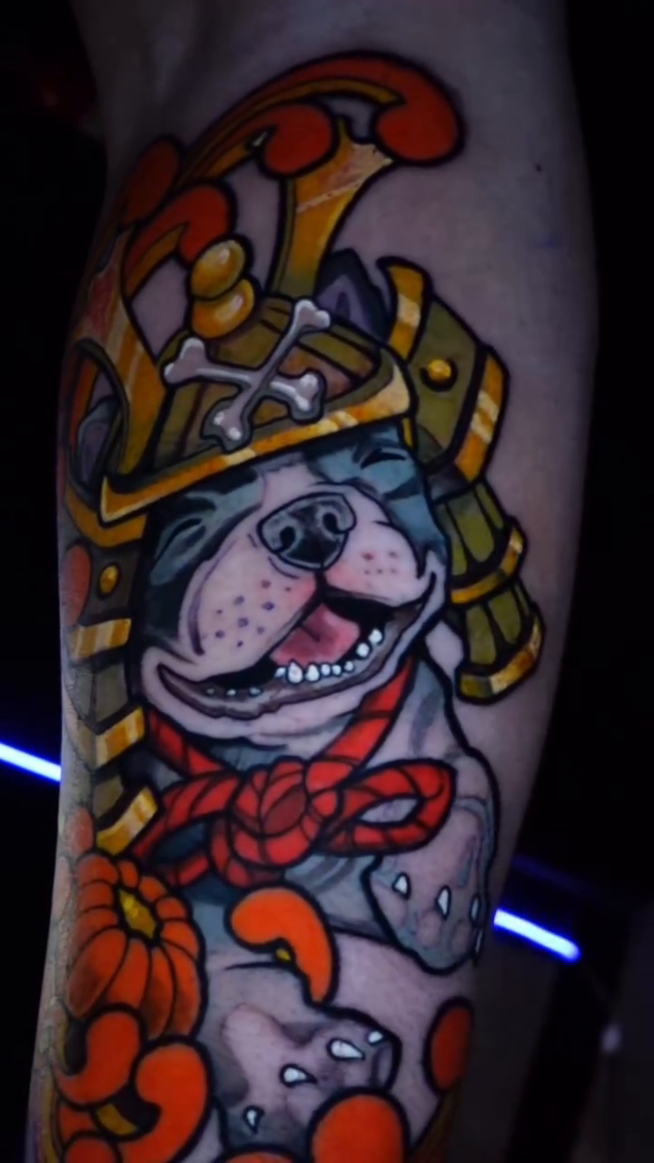 Bulldog in samurai armor realism tattoo on the forearm by Lyndon Korcala 数