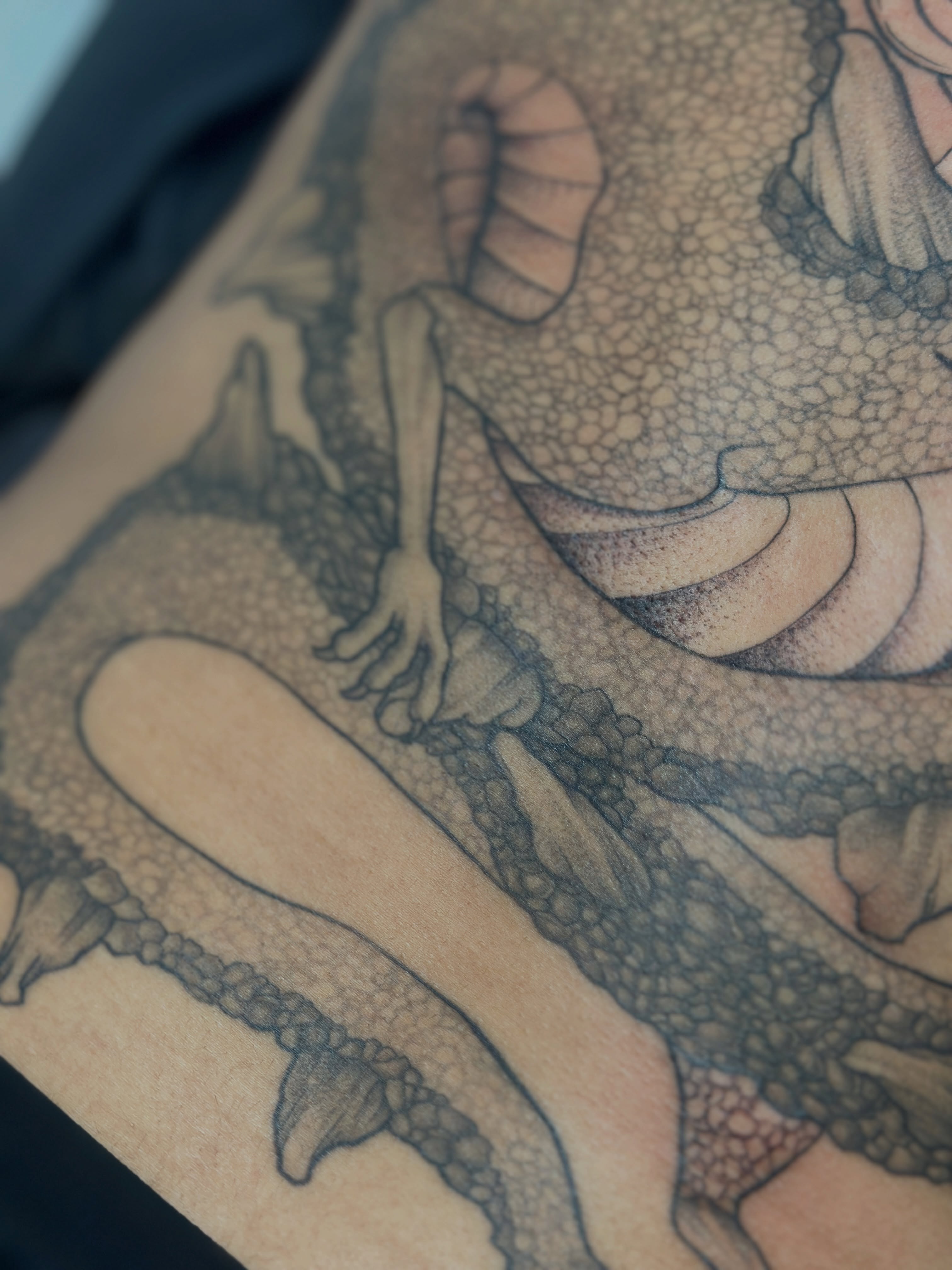 Dragon dotwork tattoo on the upper arm by Gabrielle Brodman 🎀 Raleigh-Durham Tattoo