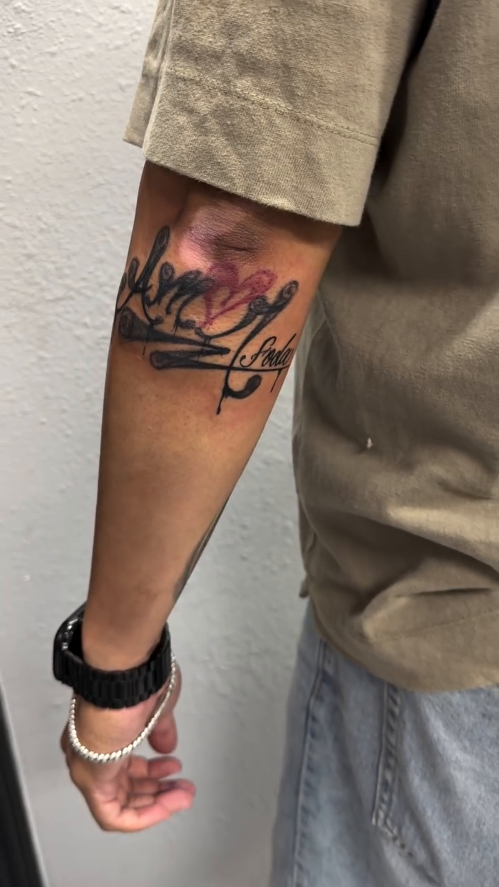 Tattoo by @dktatts — lettering_script, black_and_grey