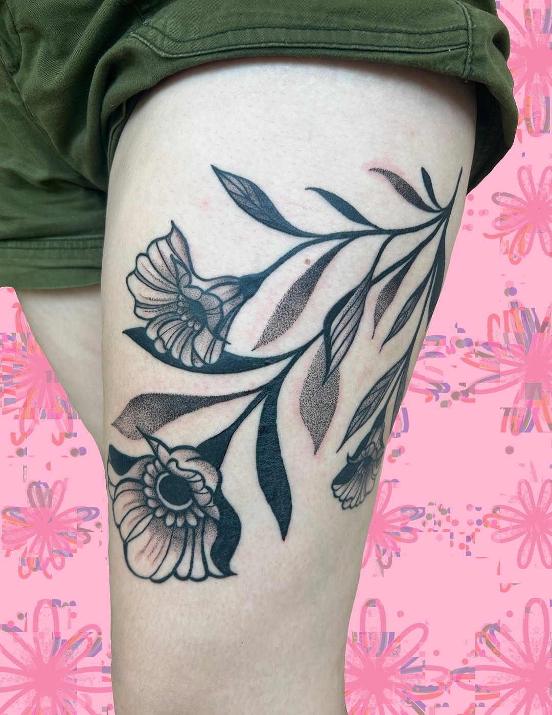 Floral branch fine line tattoo on the thigh by ❆ minneapolis tattoo artist ❆