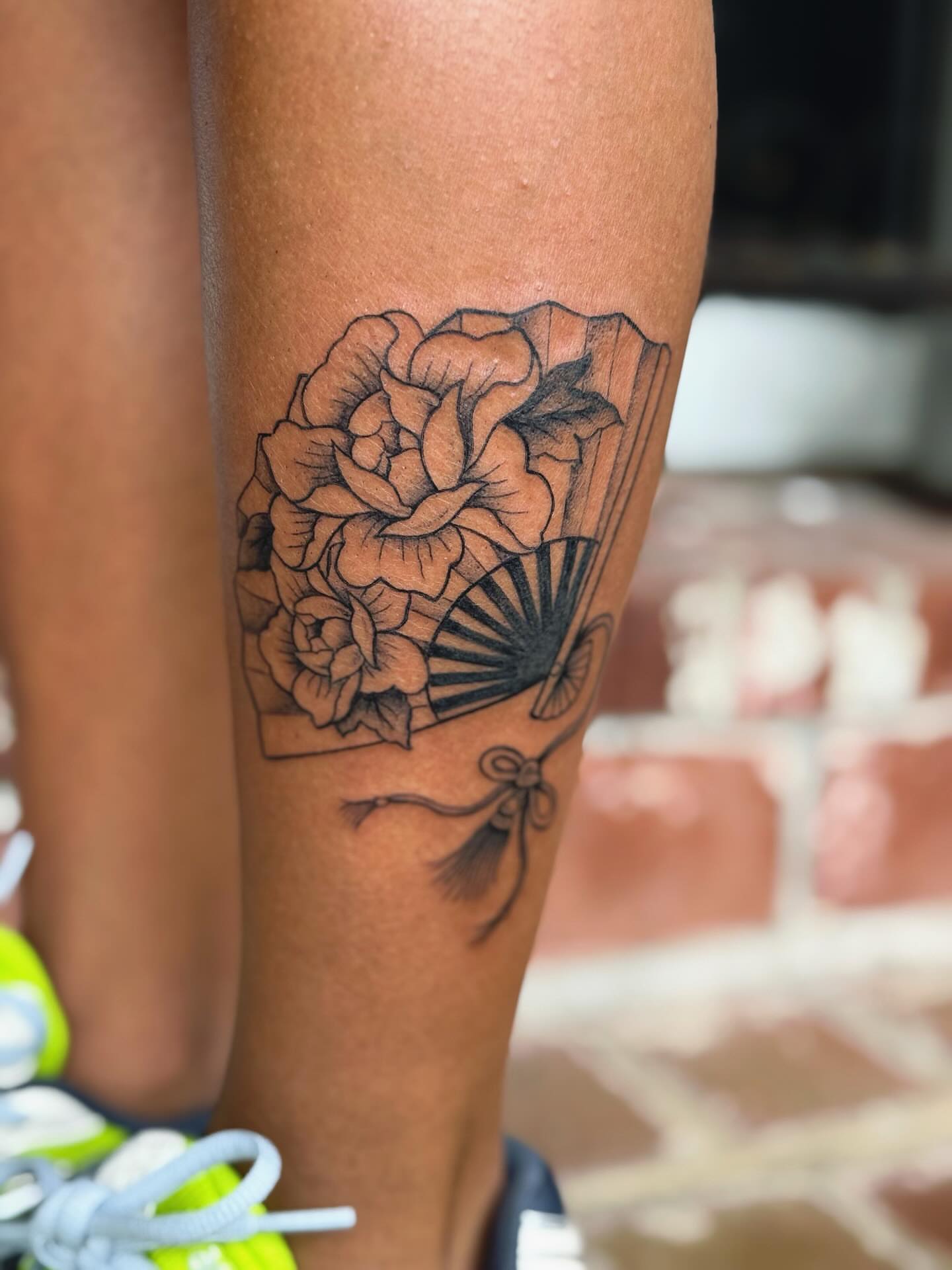 Rose and fan black and grey tattoo on the calf by π½πππππ π½πππππππ, New Orleans, Louisiana