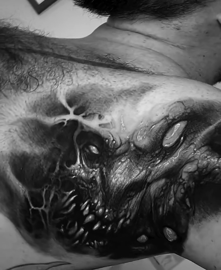 Demonic creature dark realism tattoo by David Jorquera