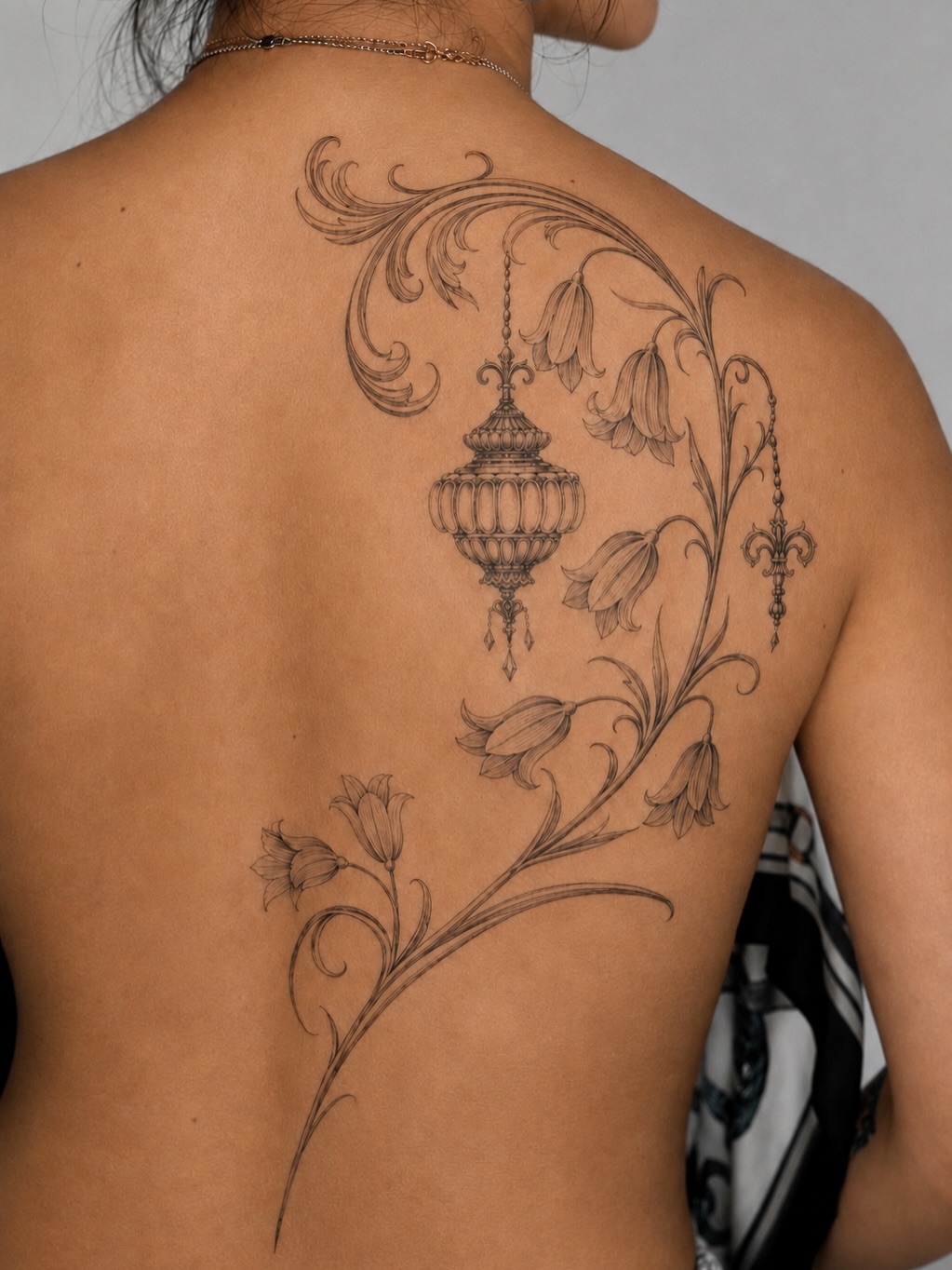 Lantern and floral vine blackwork tattoo on the back by Jun