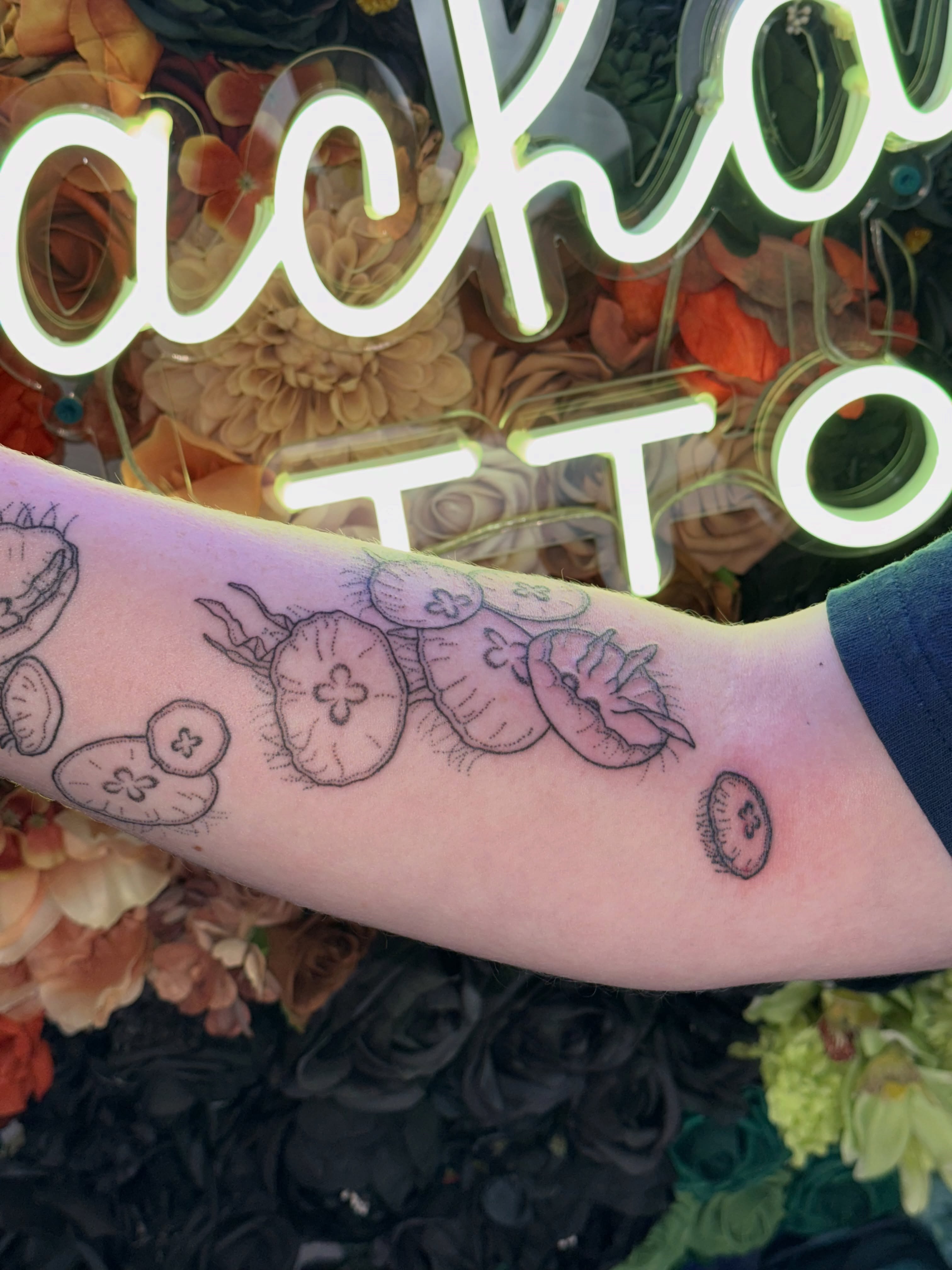 Sea anemones black and grey tattoo on the forearm by Handpoke Tattoo Artist, Minneapolis, Minnesota