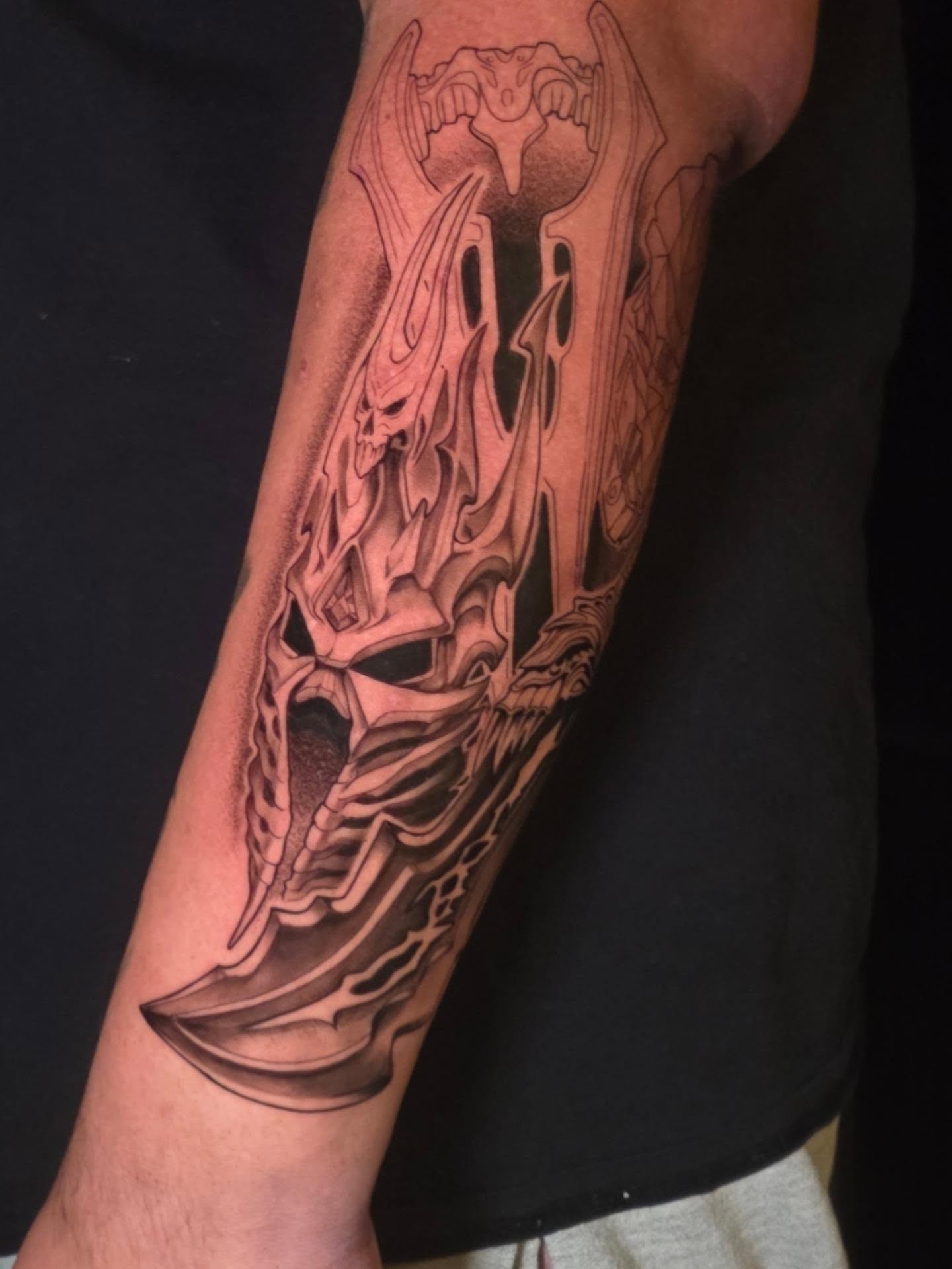Skull and sword realism tattoo on the forearm by Tash  - Seattle Tattoo Artist