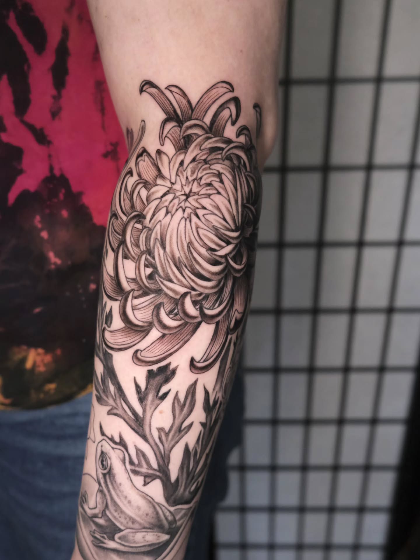 Chrysanthemum black and grey tattoo on the forearm by Tash  - Seattle Tattoo Artist