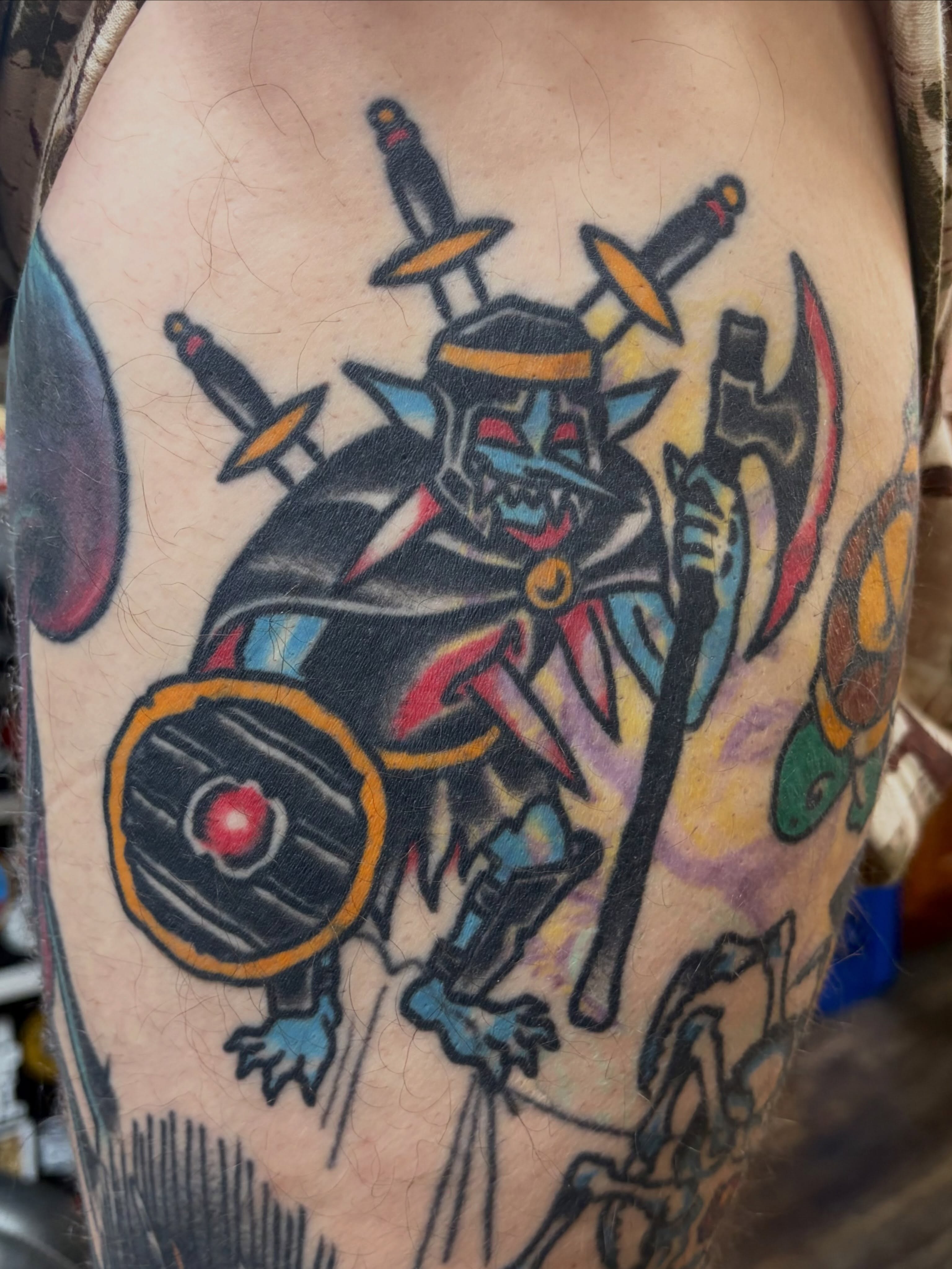 Demon warrior American traditional tattoo on the forearm by David Armacost, Cincinnati, Ohio
