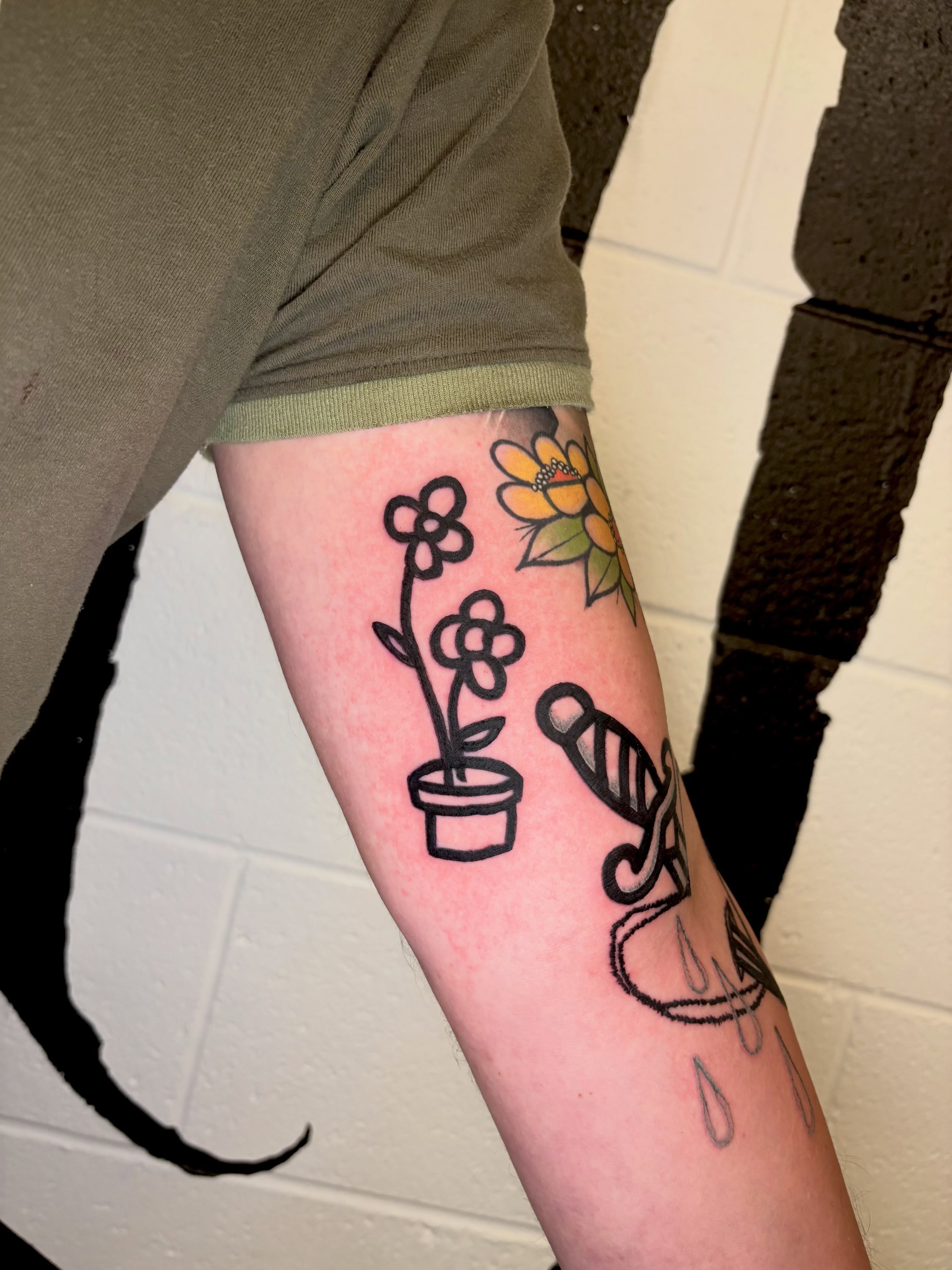 Flower pot and spool black and grey tattoo on the forearm by @lil_stinker_5000, Portland, Oregon