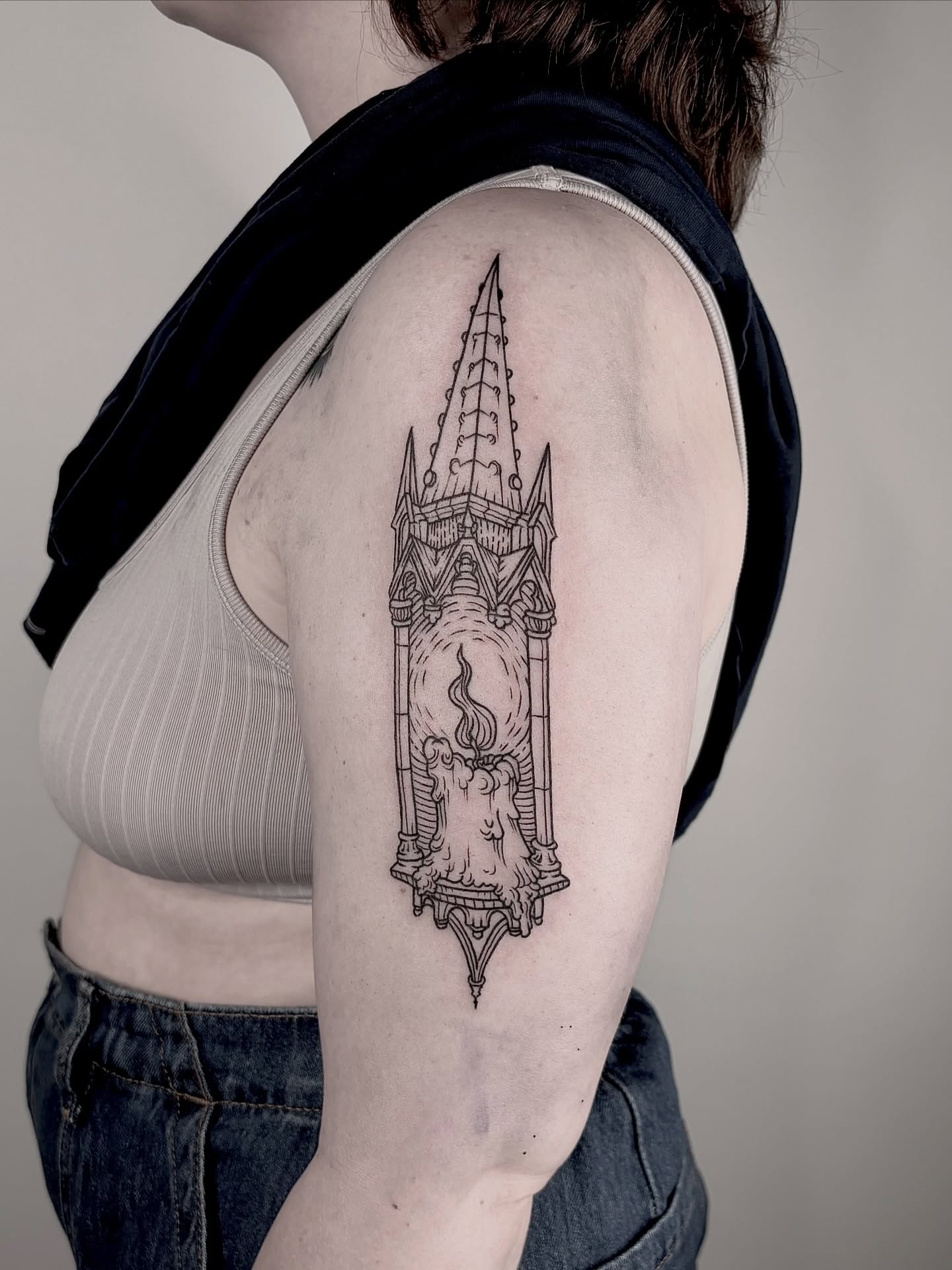 Gothic cathedral black and grey tattoo on the shoulder by <3 eve’s tattoos <3