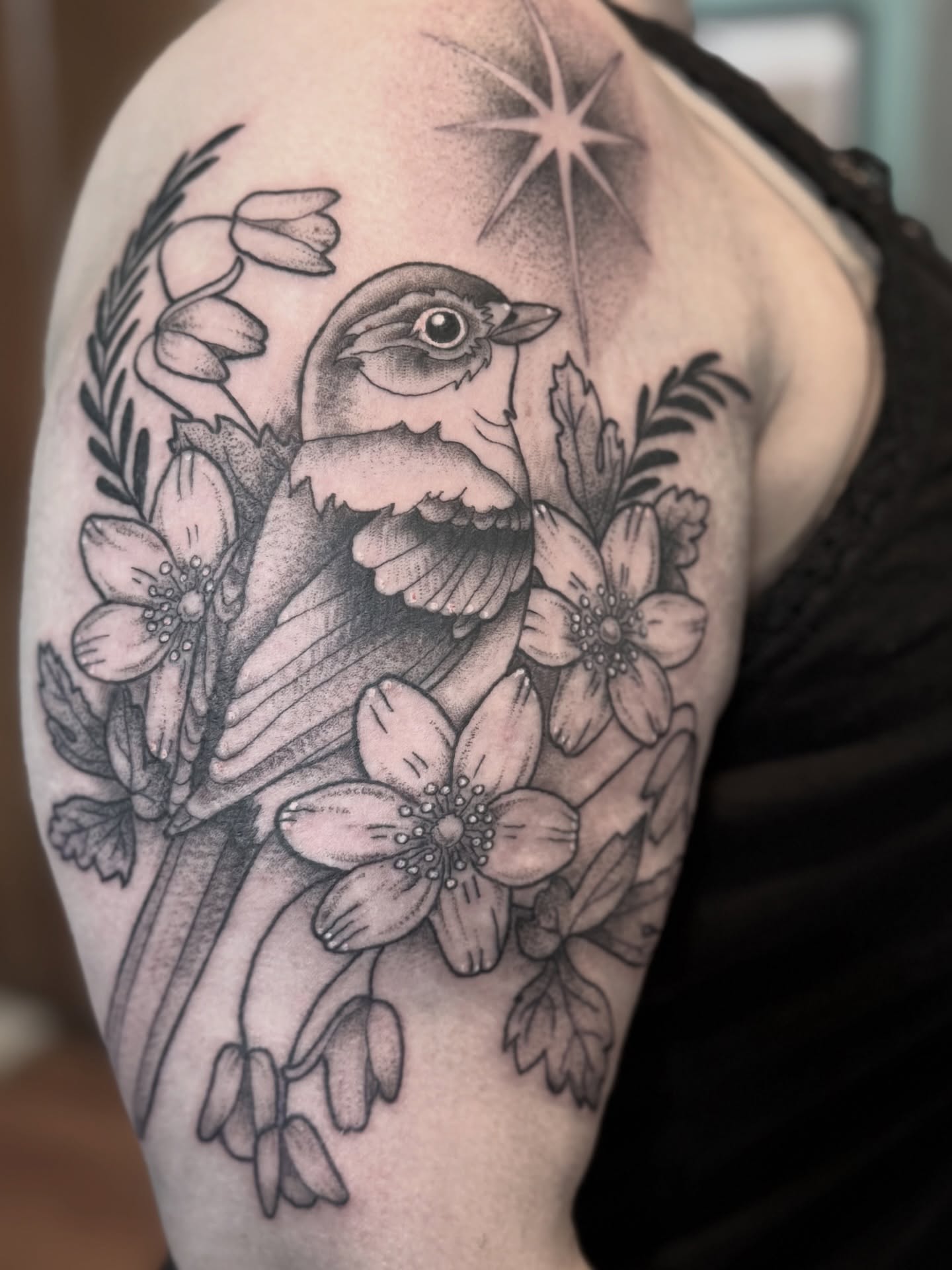 Bird and flowers realism tattoo on the shoulder by Bronzino Ink - Karen, Asheville, North Carolina