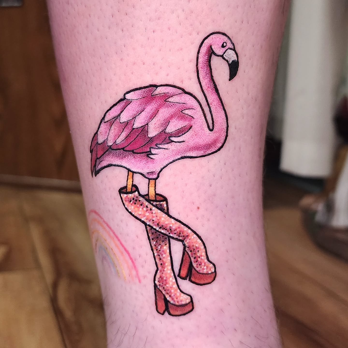 Flamingo dotwork tattoo on the leg by Lindsey Andrew, Englewood, Colorado