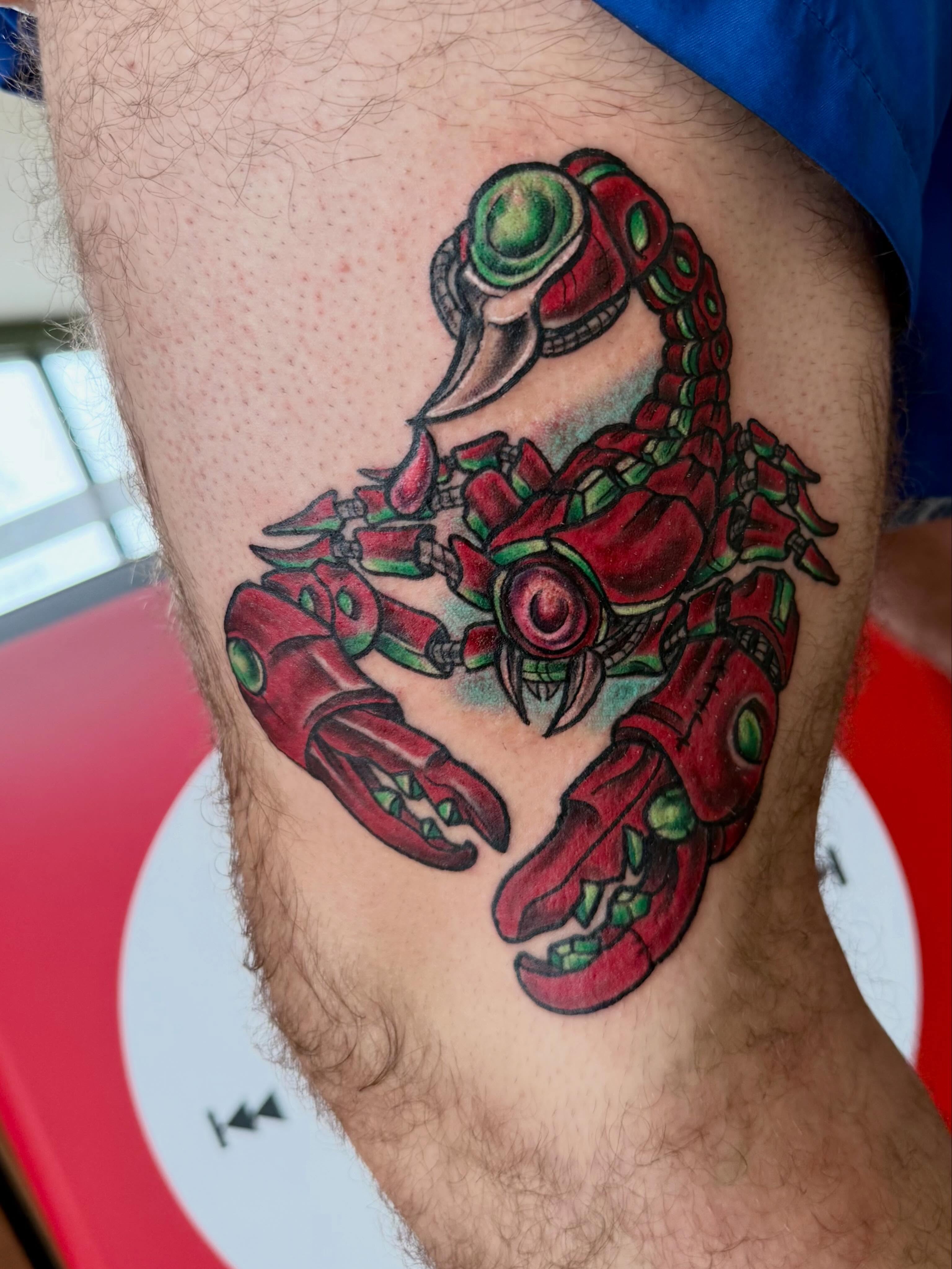 Robot crab American traditional tattoo on the thigh by Tyler Bolton