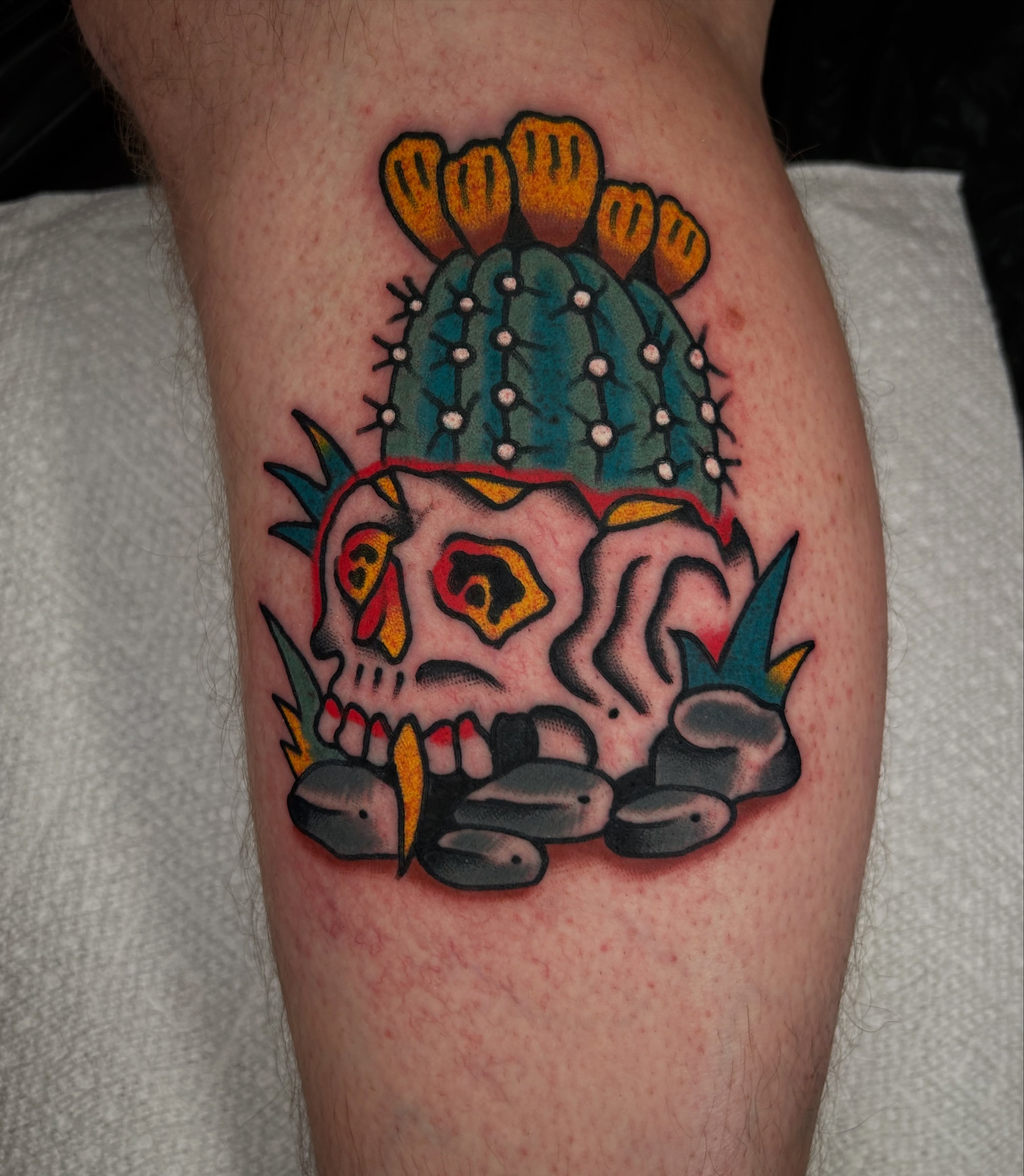 Skull with cactus crown American traditional tattoo on the forearm by Kit Miller, Indianapolis, Indiana