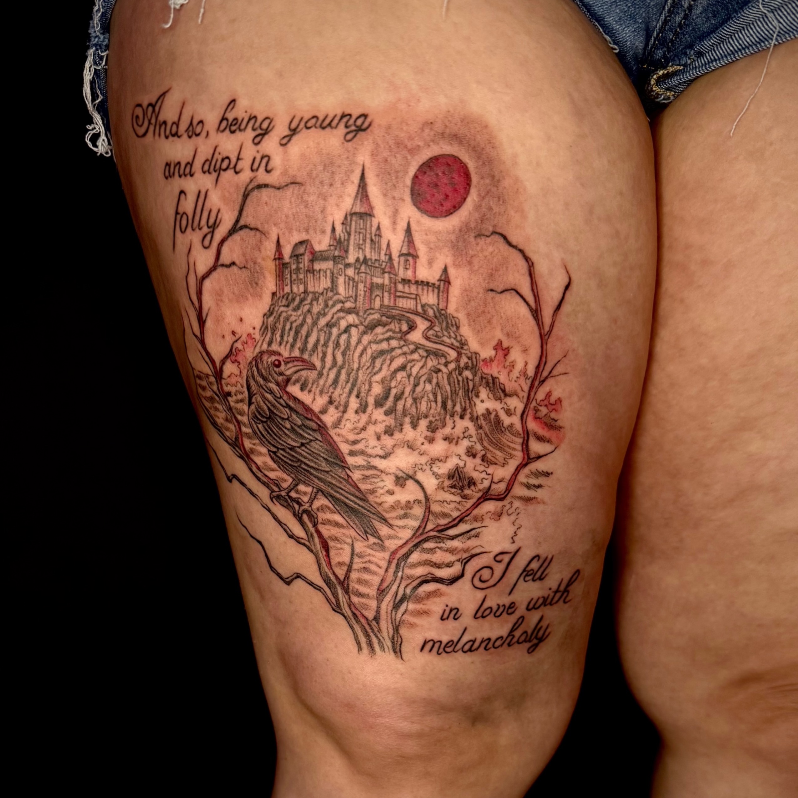 Castle and raven black and grey tattoo on the thigh by ๐๐ญ๐ฆ๐จ๐ณ๐ข โ๐๐ฆ๐จโ ๐ฆต