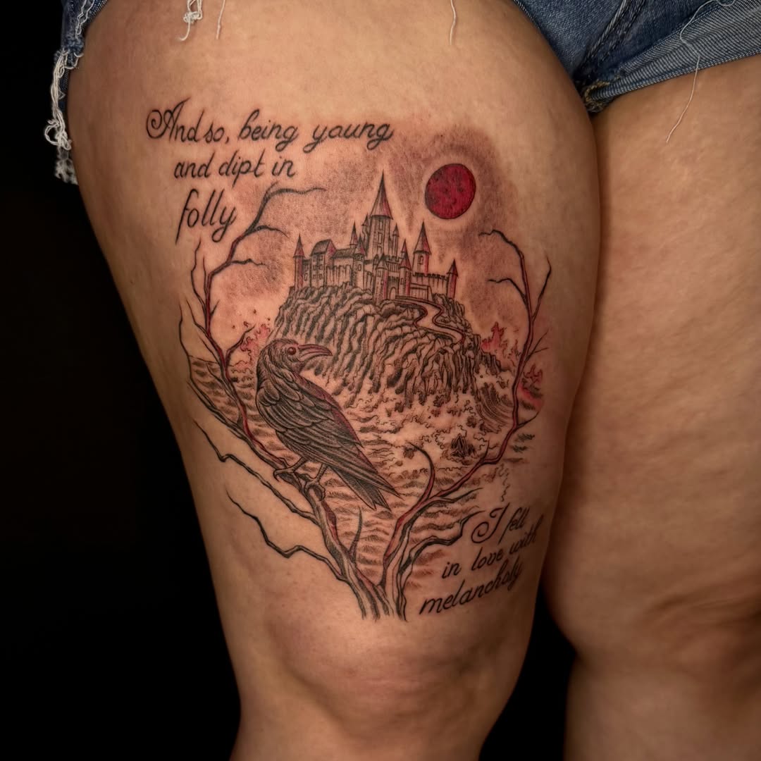 Castle and crow realism tattoo on the thigh by ๐๐ญ๐ฆ๐จ๐ณ๐ข โ๐๐ฆ๐จโ ๐ฆต