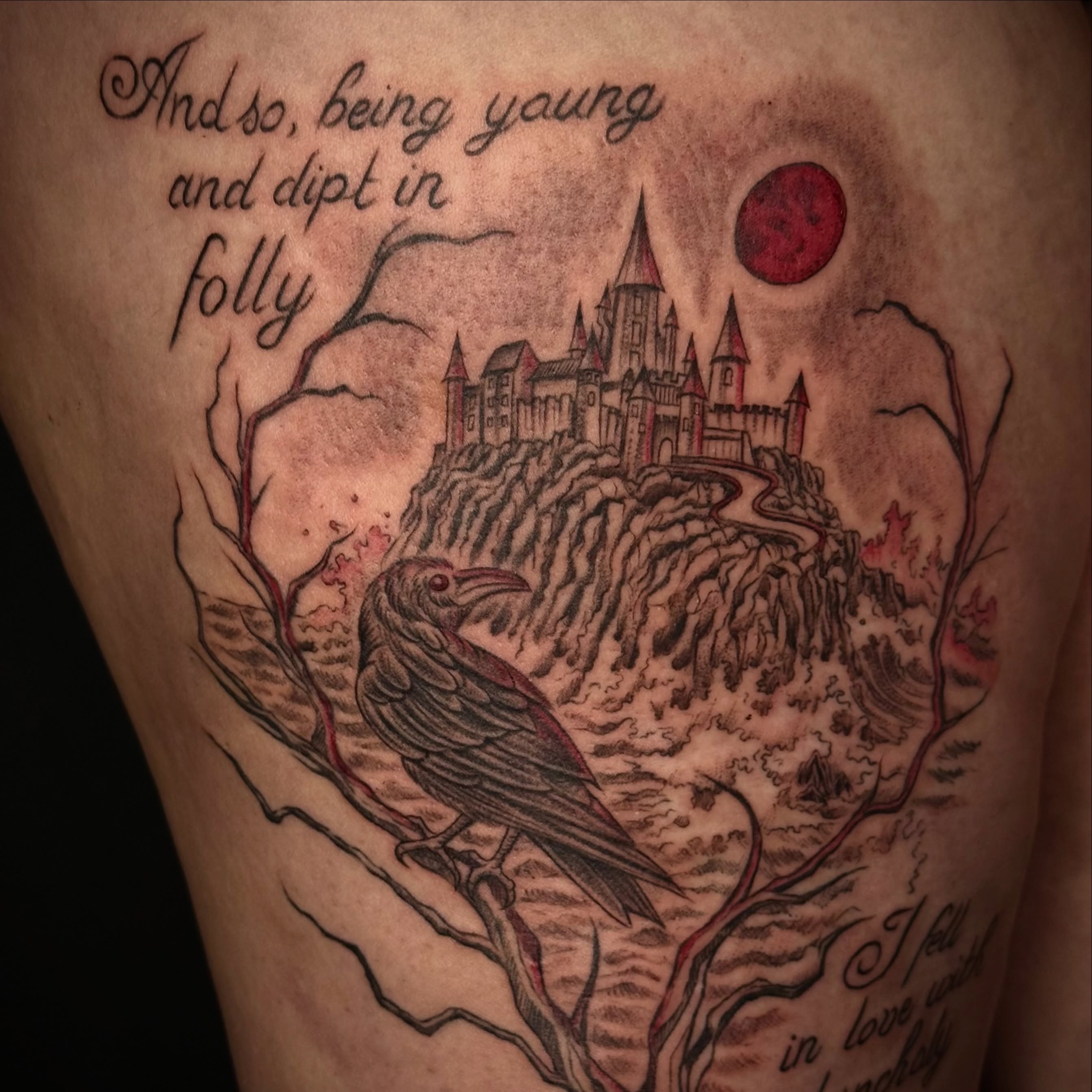 Castle and raven realism tattoo on the thigh by ๐๐ญ๐ฆ๐จ๐ณ๐ข โ๐๐ฆ๐จโ ๐ฆต