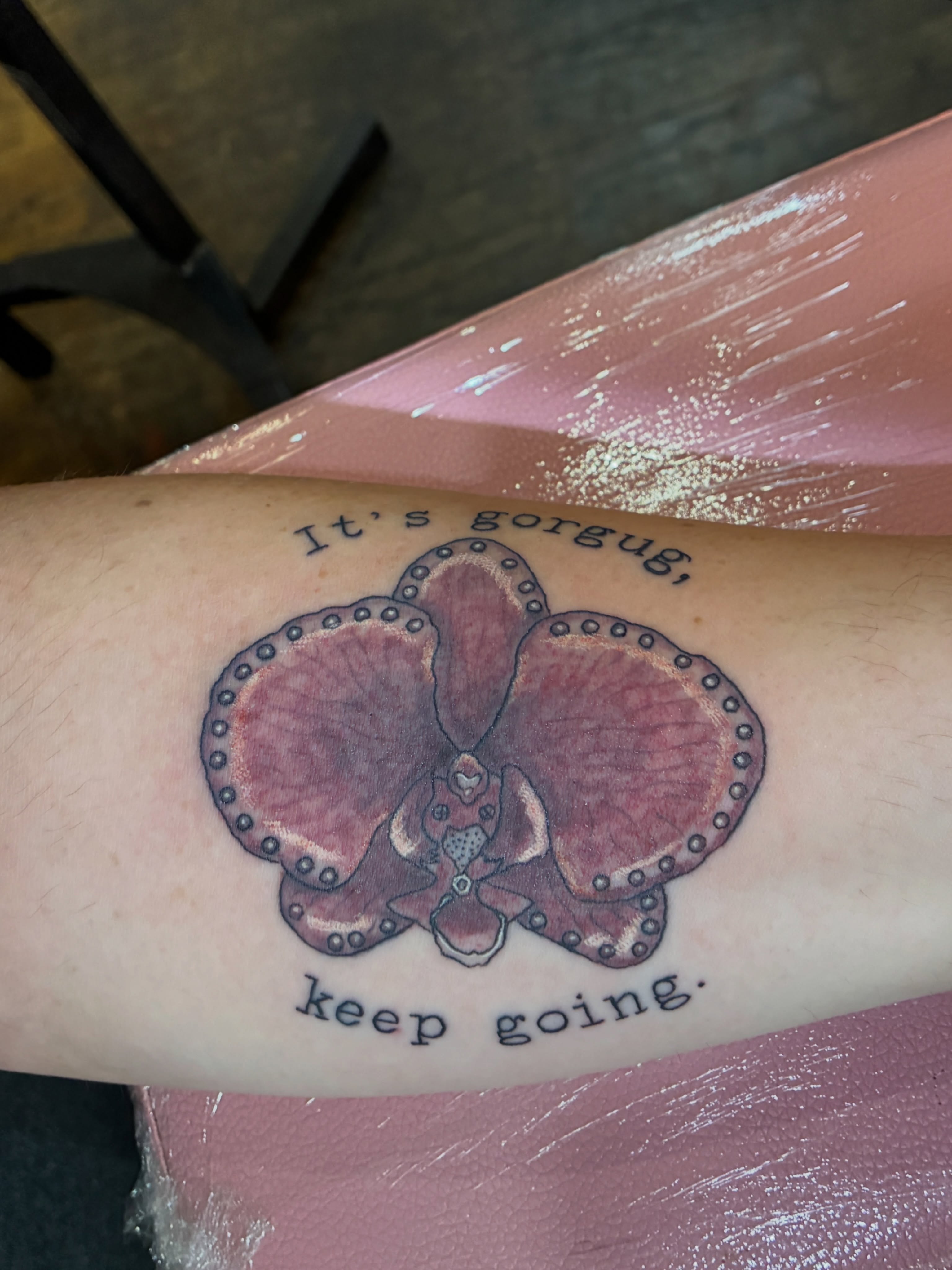 Orchid dotwork tattoo on the forearm by Seattle Tattoo Artist