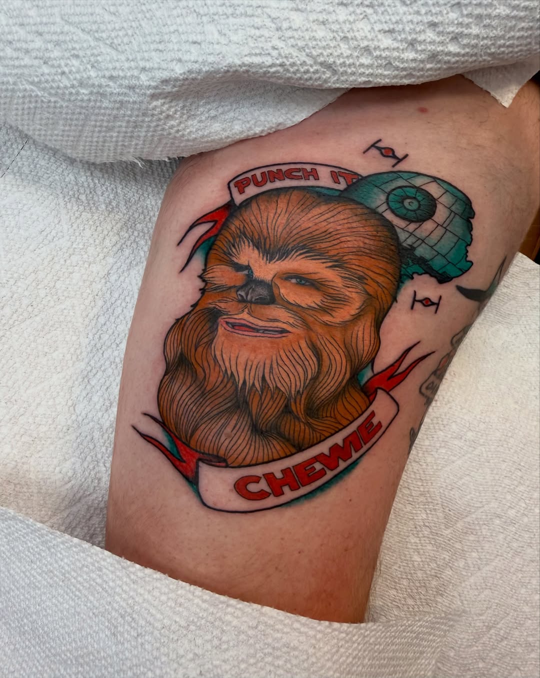 Chewbacca realism tattoo on the thigh by Mikaila Rose Krauss