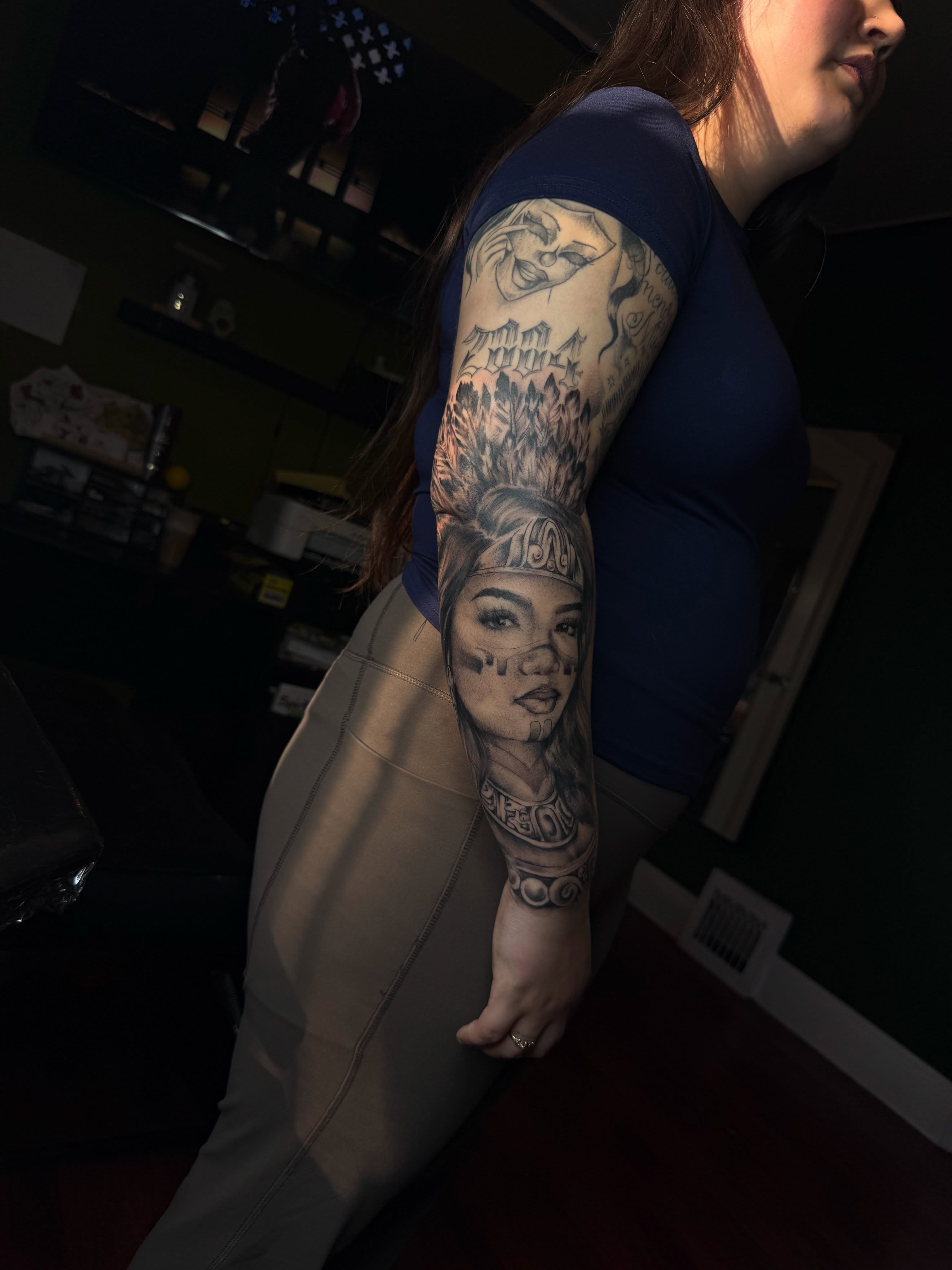 Woman with headdress realism tattoo on the forearm by Gooofy’s Ink 💸✍🏽 18+