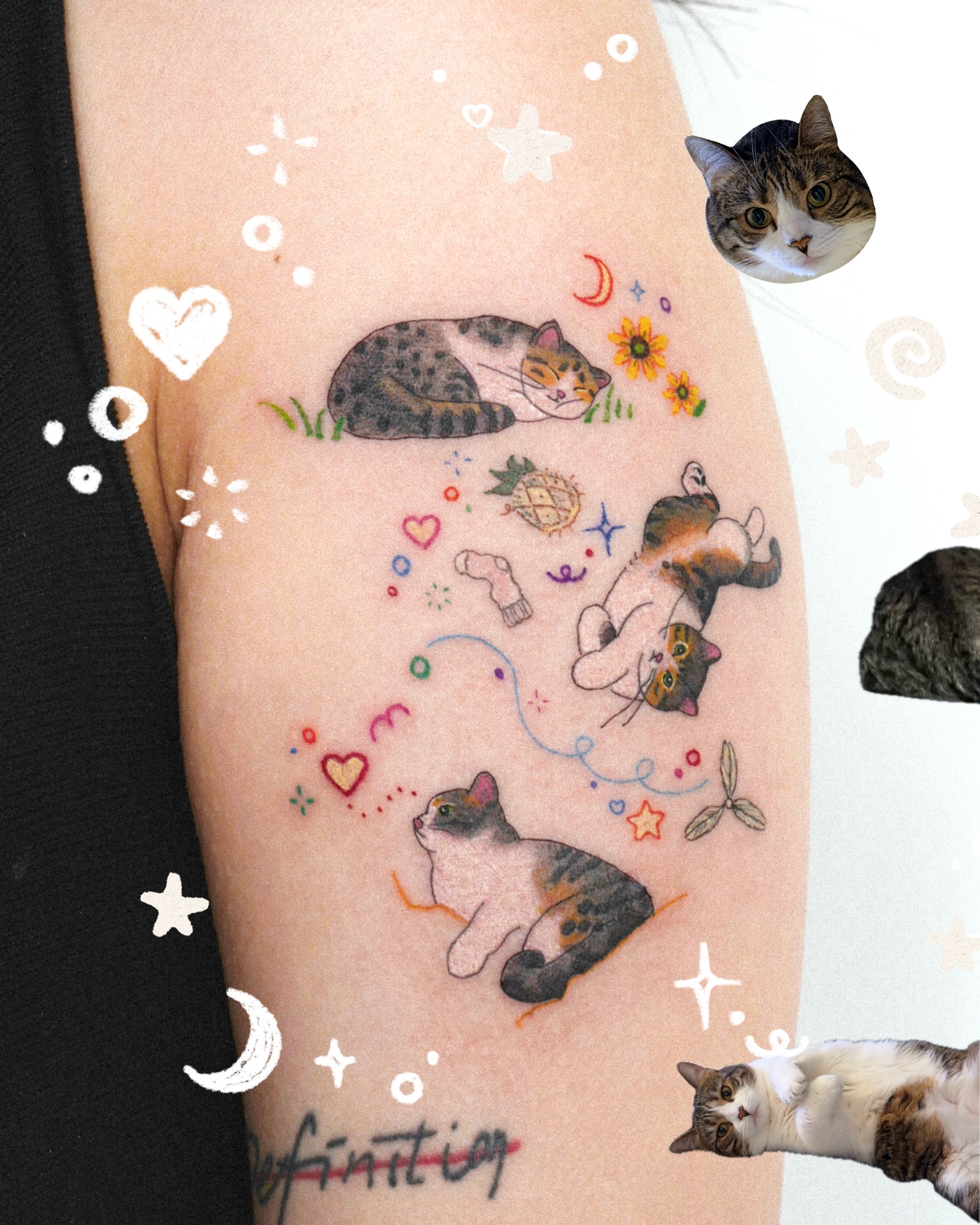 Cats and flowers dotwork tattoo on the forearm by dahye lee