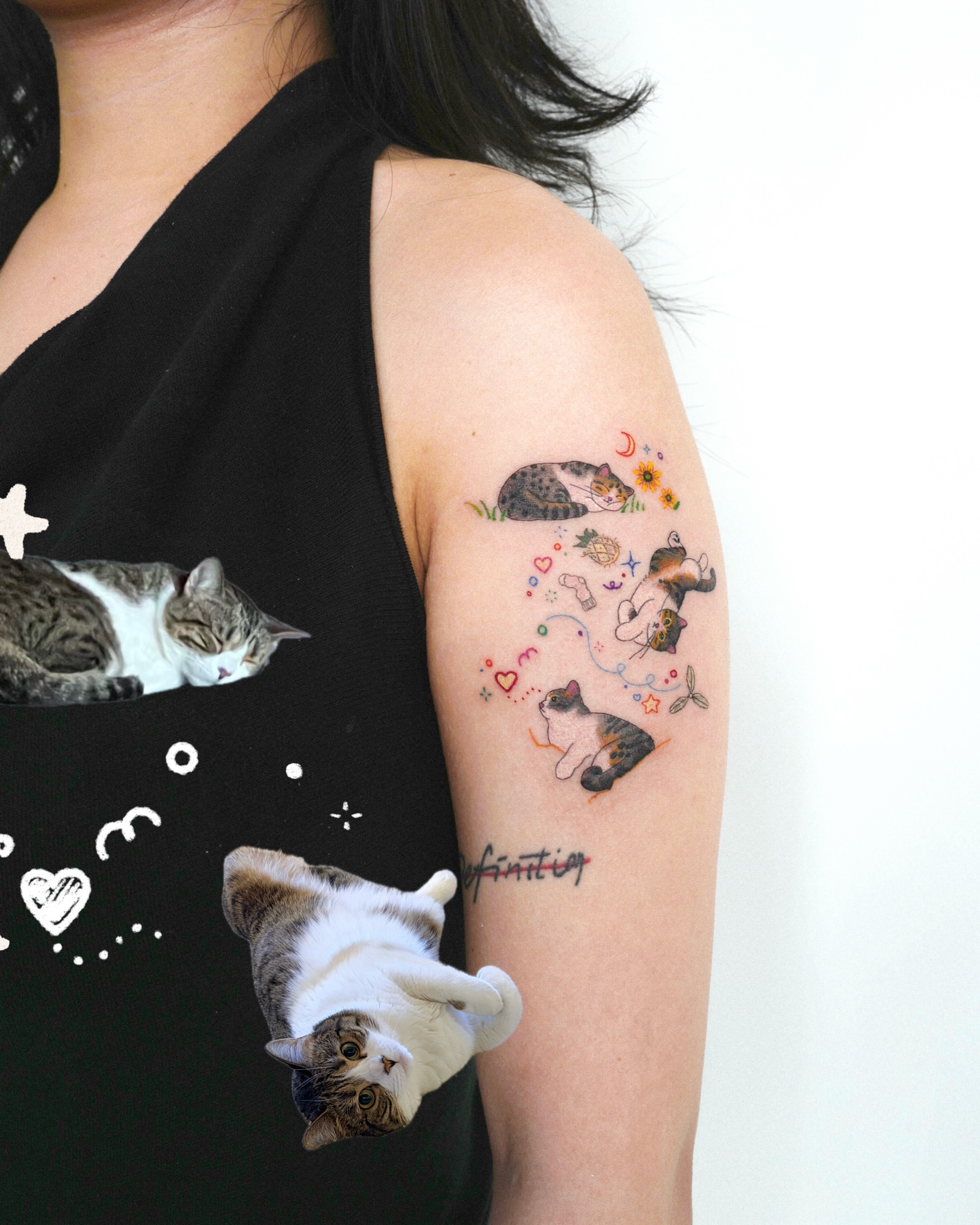 Cats dotwork tattoo on the upper arm by dahye lee
