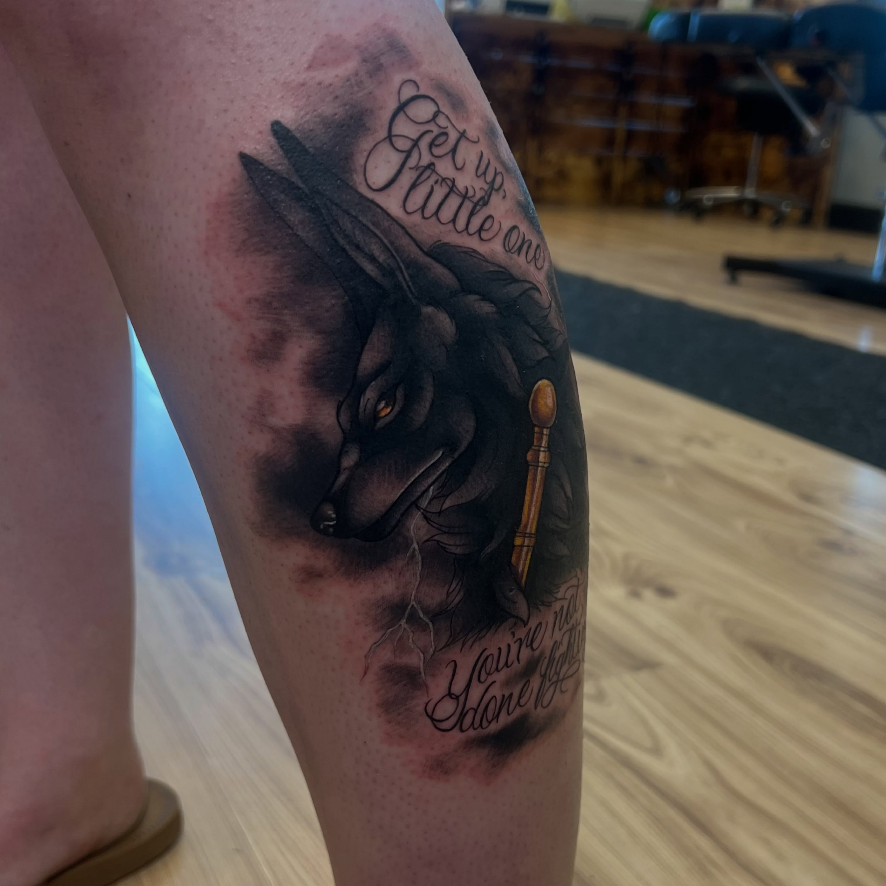 Wolf dark realism tattoo on the forearm by Bailey Goodwin, Ankeny, Iowa