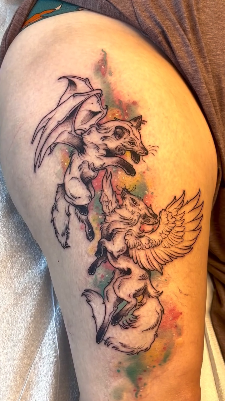 Mythical creatures watercolor tattoo on the thigh by Cricket Elijah Cervidae