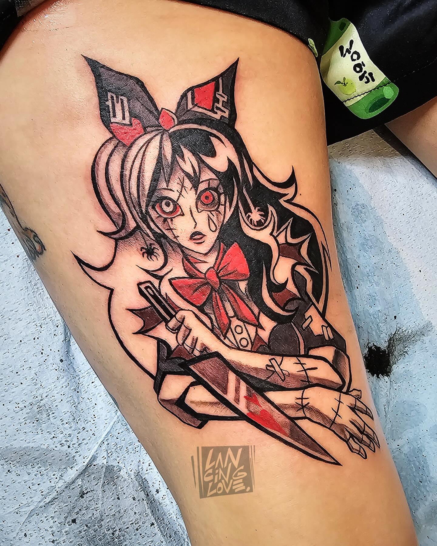 Anime character anime tattoo on the thigh by Lancinglove