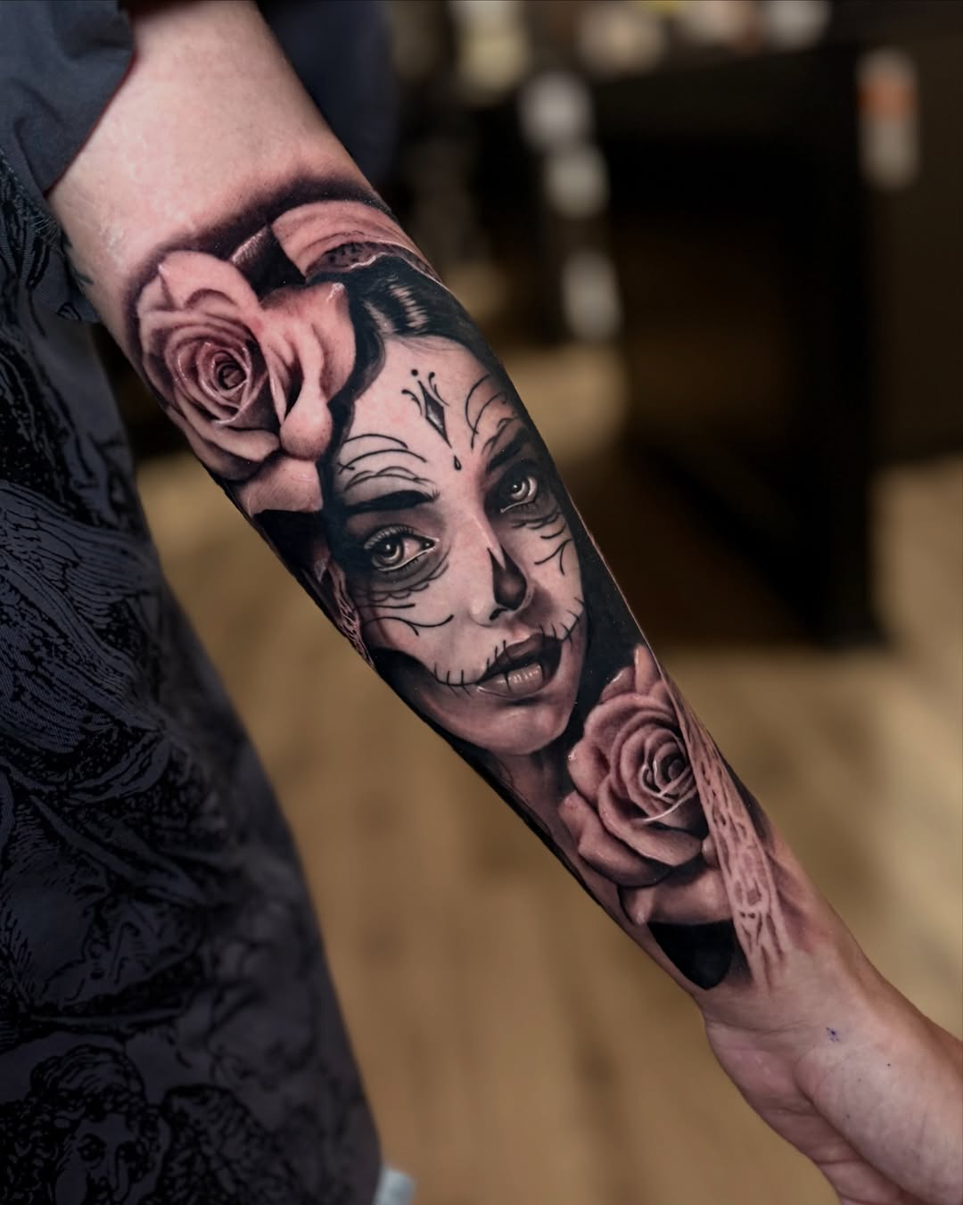 Catrina realism tattoo on the forearm by Sebastian Calderon