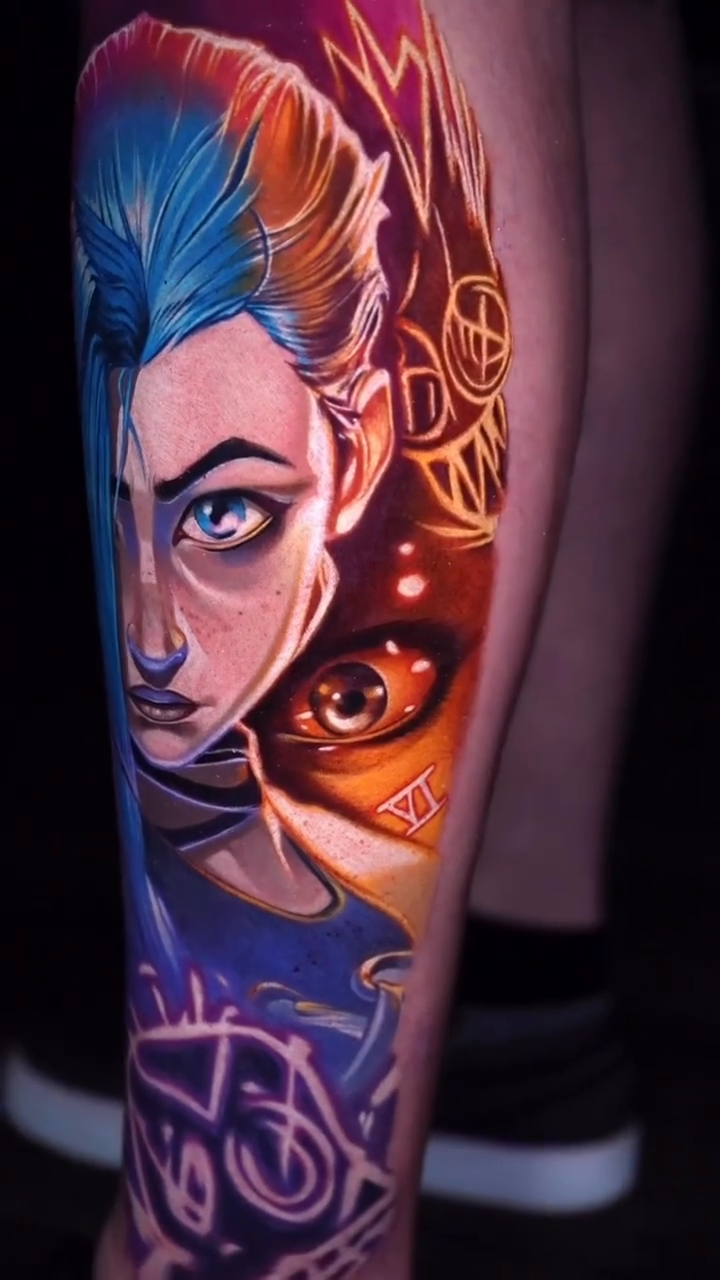 Jinx from Arcane anime tattoo by Ben Ochoa