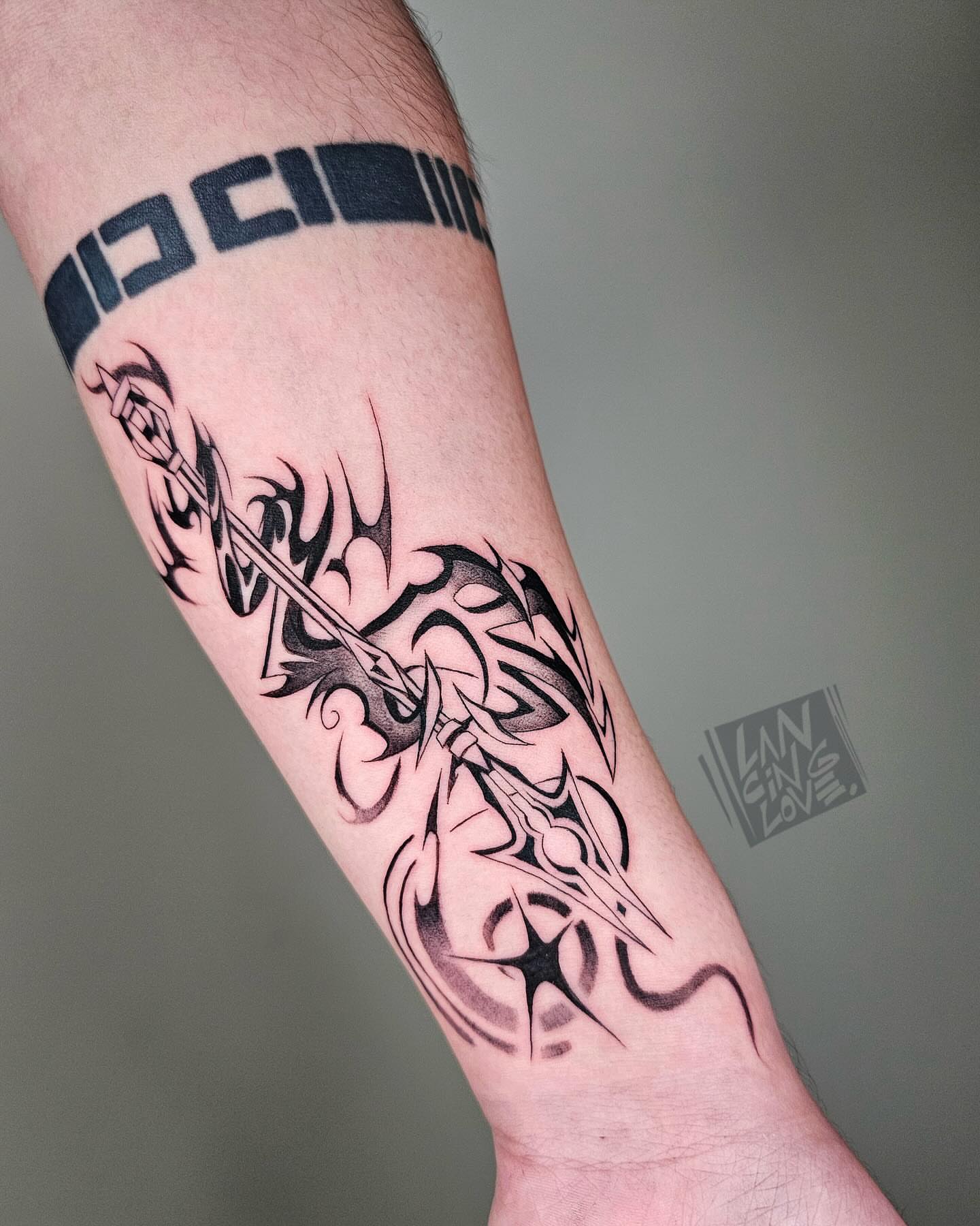Tribal sword tribal tattoo on the forearm by Lancinglove