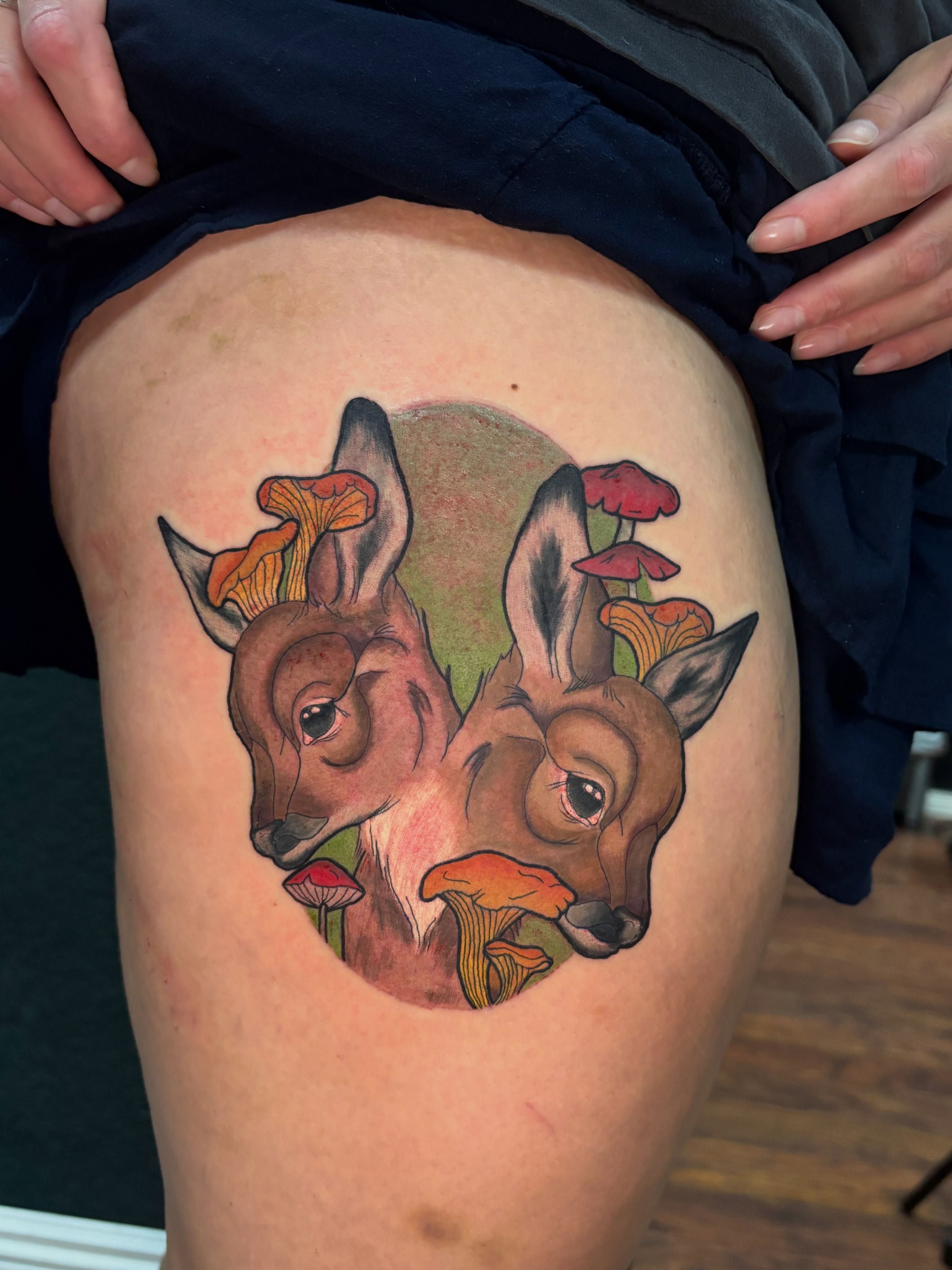 Deer heads with mushrooms realism tattoo on the thigh by Emma ๐