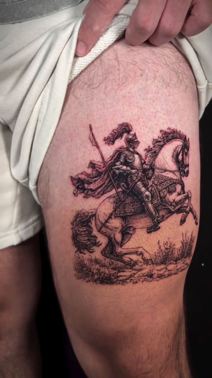Knight on horseback illustrative tattoo by Jessica Sheahan