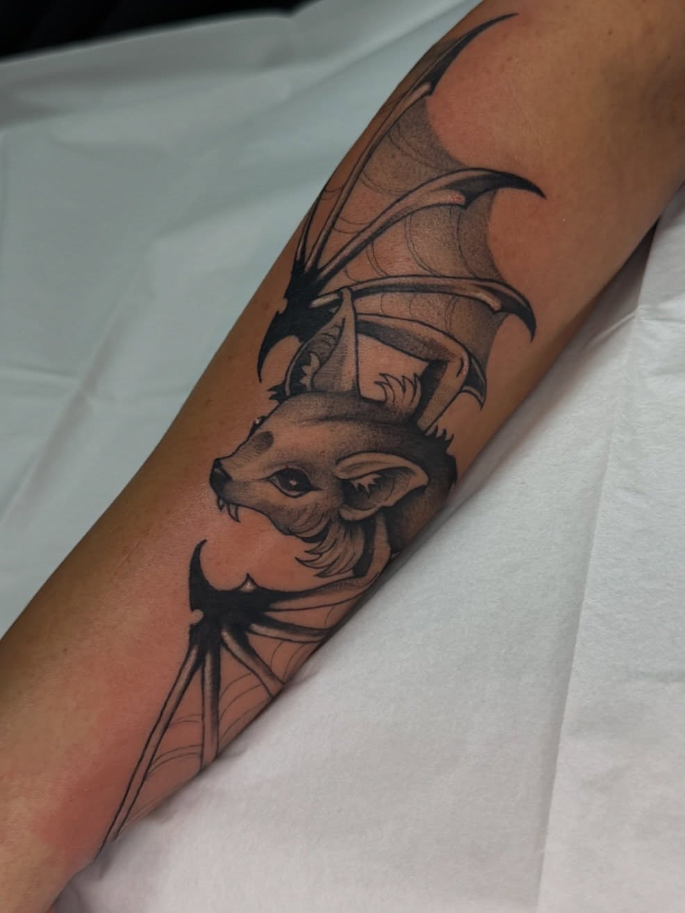 Deer with wings black and grey tattoo on the forearm by Halle Cooper