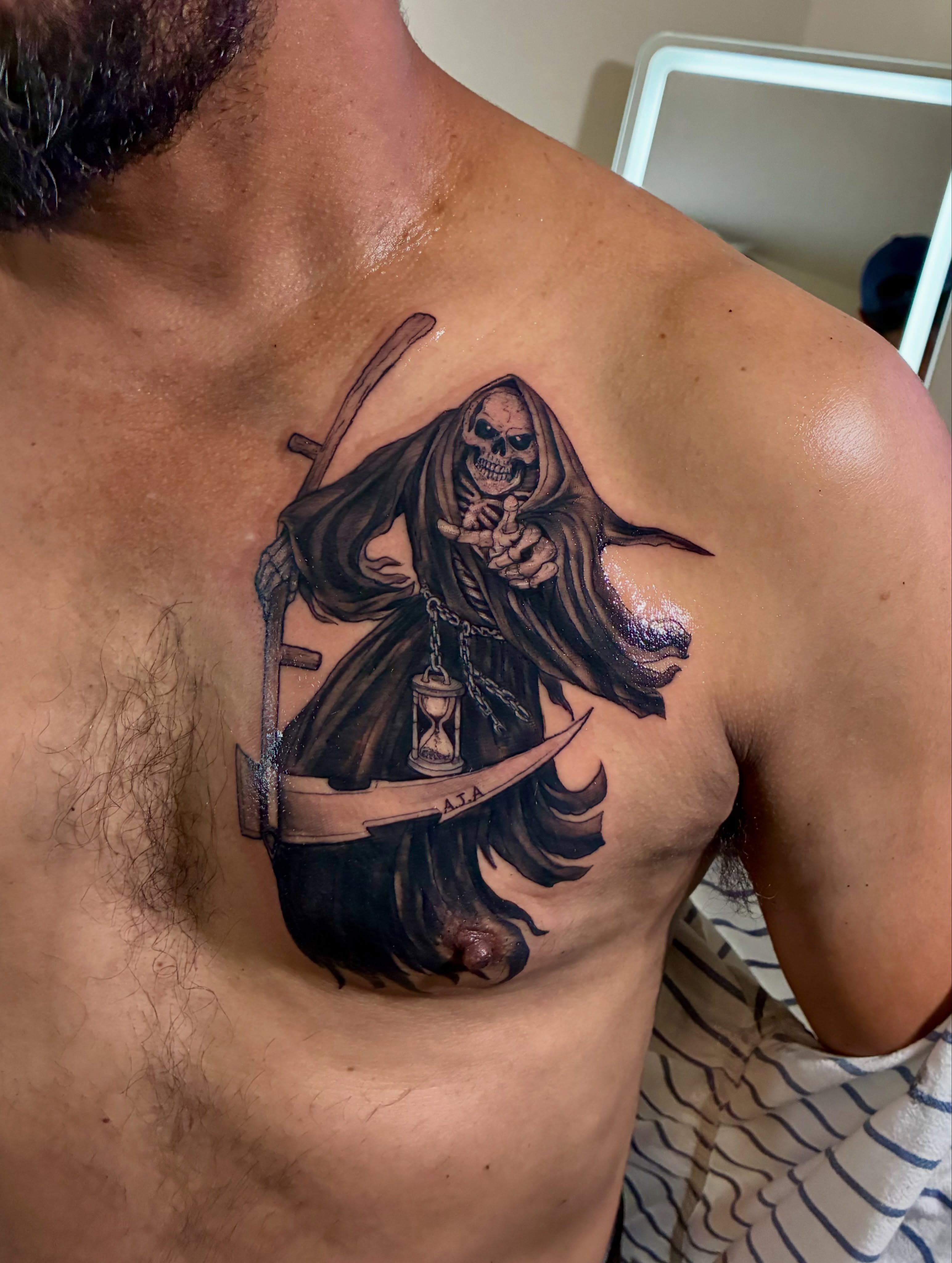 Grim reaper black and grey tattoo on the chest by ๐ต๐๐๐๐๐๐๐ ๐ป๐๐๐๐