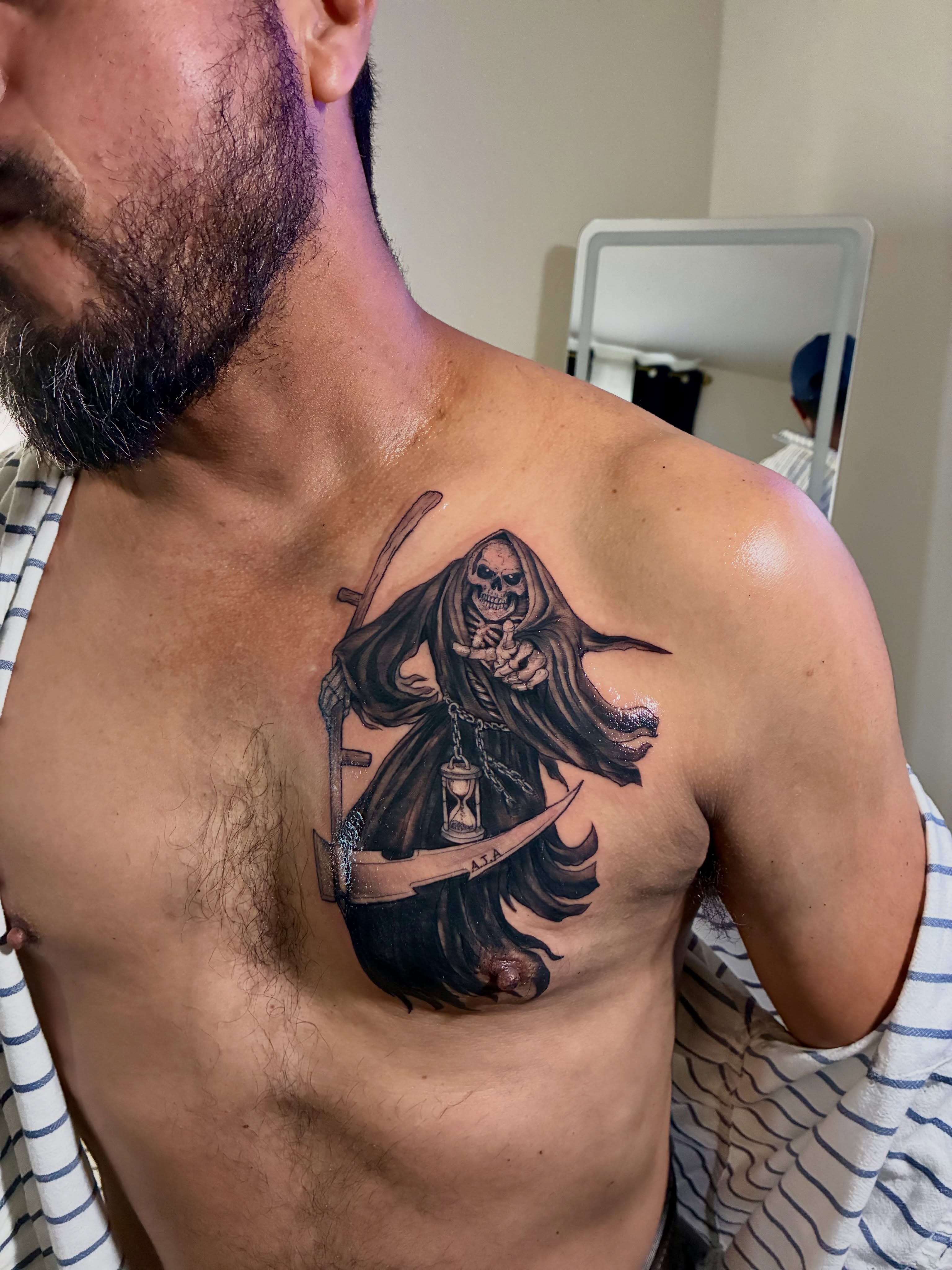 Grim reaper dark realism tattoo on the chest by ๐ต๐๐๐๐๐๐๐ ๐ป๐๐๐๐