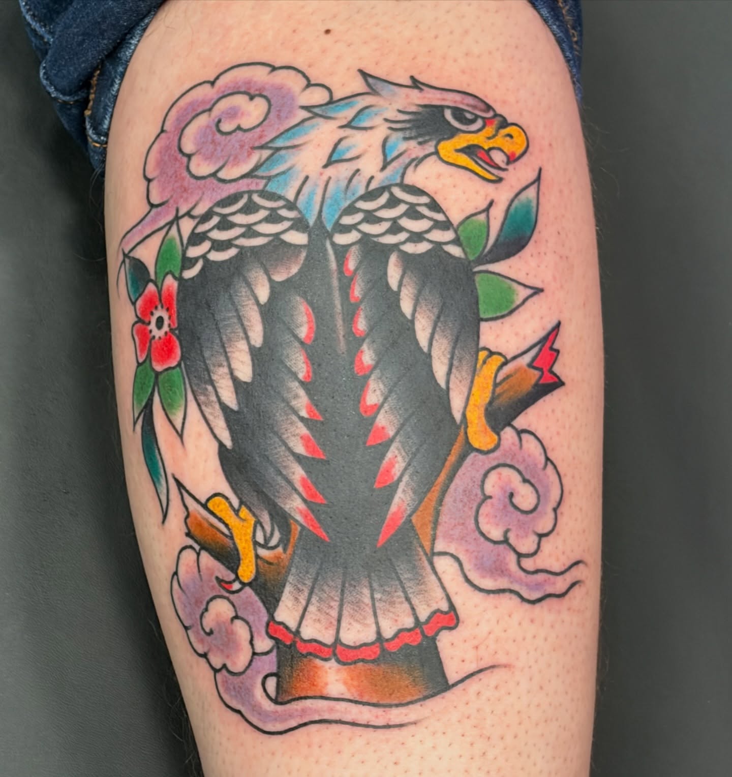 Eagle American traditional tattoo on the thigh by Cody Wallenius, Merrillville, Indiana